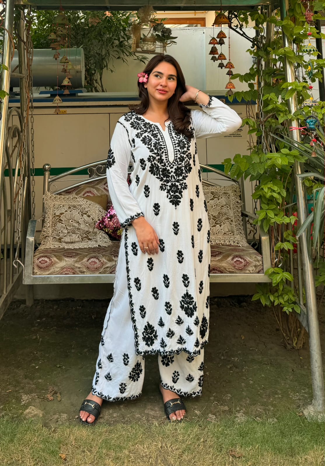 White and black chikankari