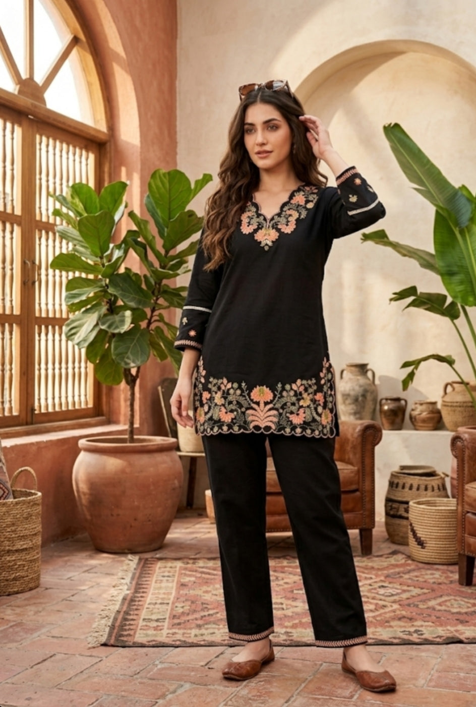 Midnight Bloom Embroidered Cotton Co-Ord Set