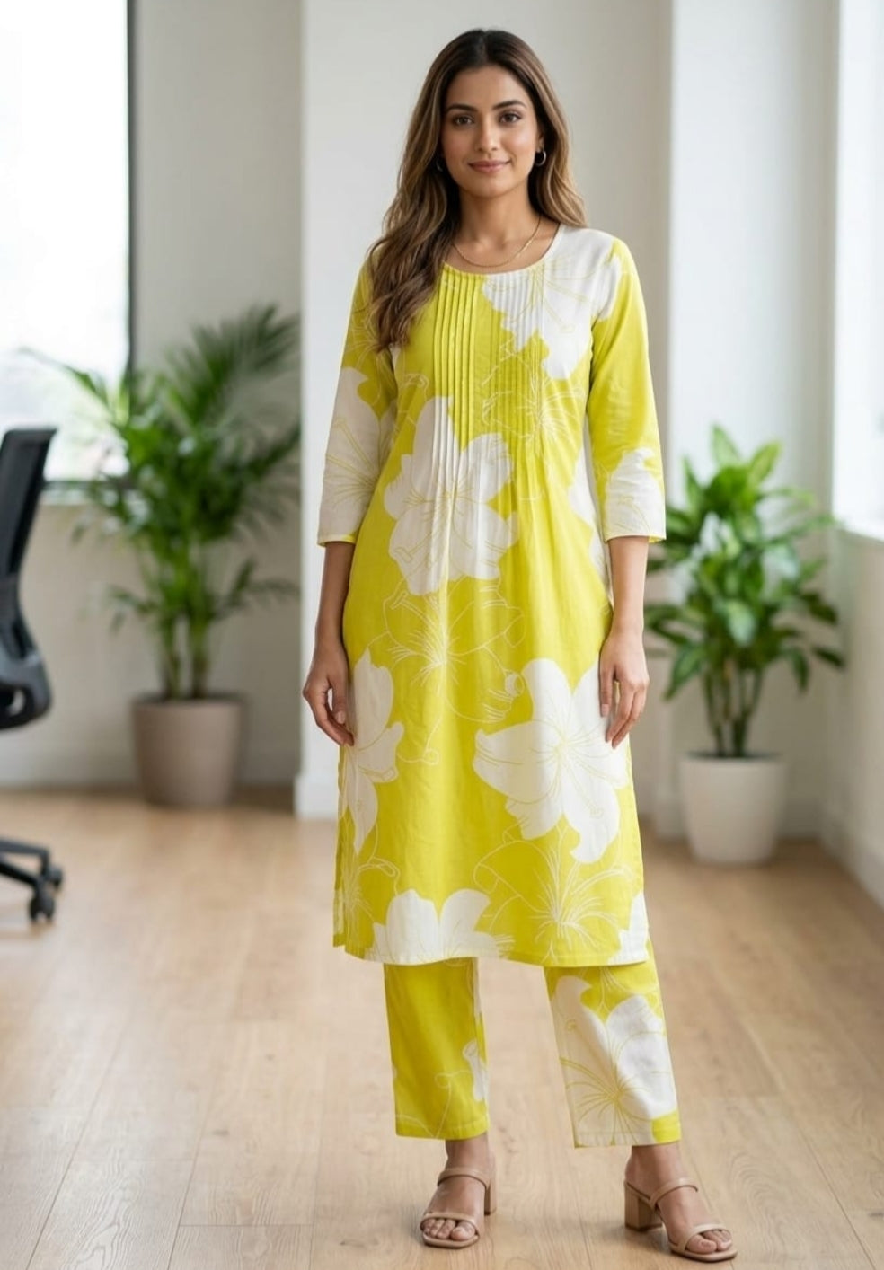 Lime Floral Mul Cotton 2-Piece Kurta Set