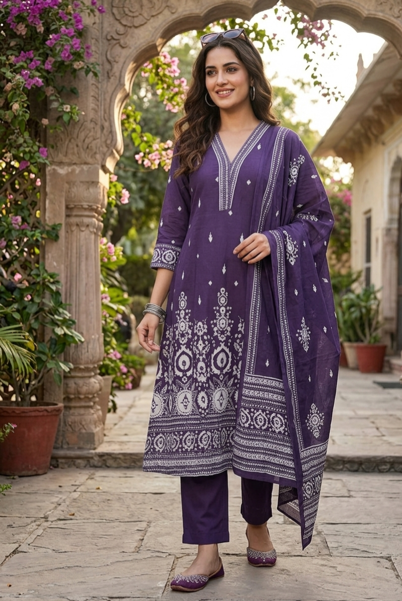 Royal Purple Cotton A-line Suit Set (3-Piece)