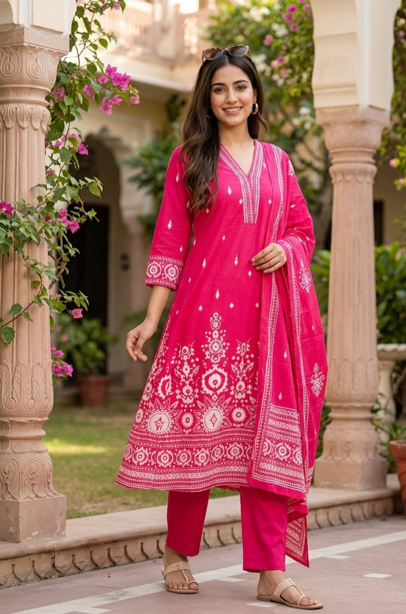 Fuchsia Bloom Cotton A-line Suit Set (3-Piece)