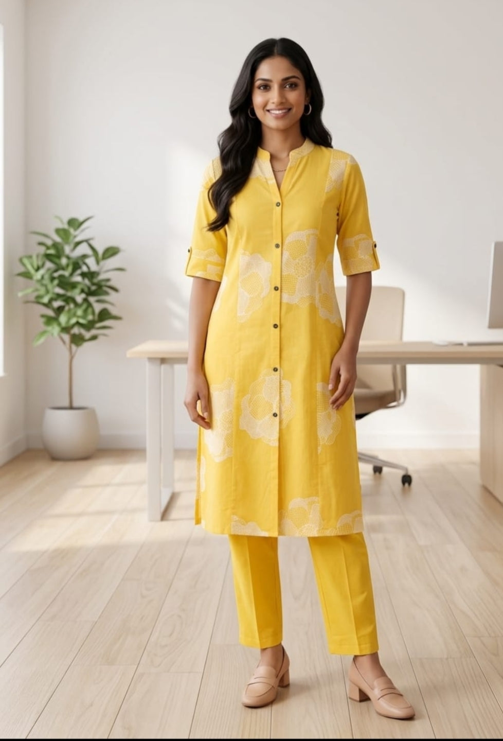 Mustard Yellow Cotton Button-Down Co-ord Set (2-Piece)