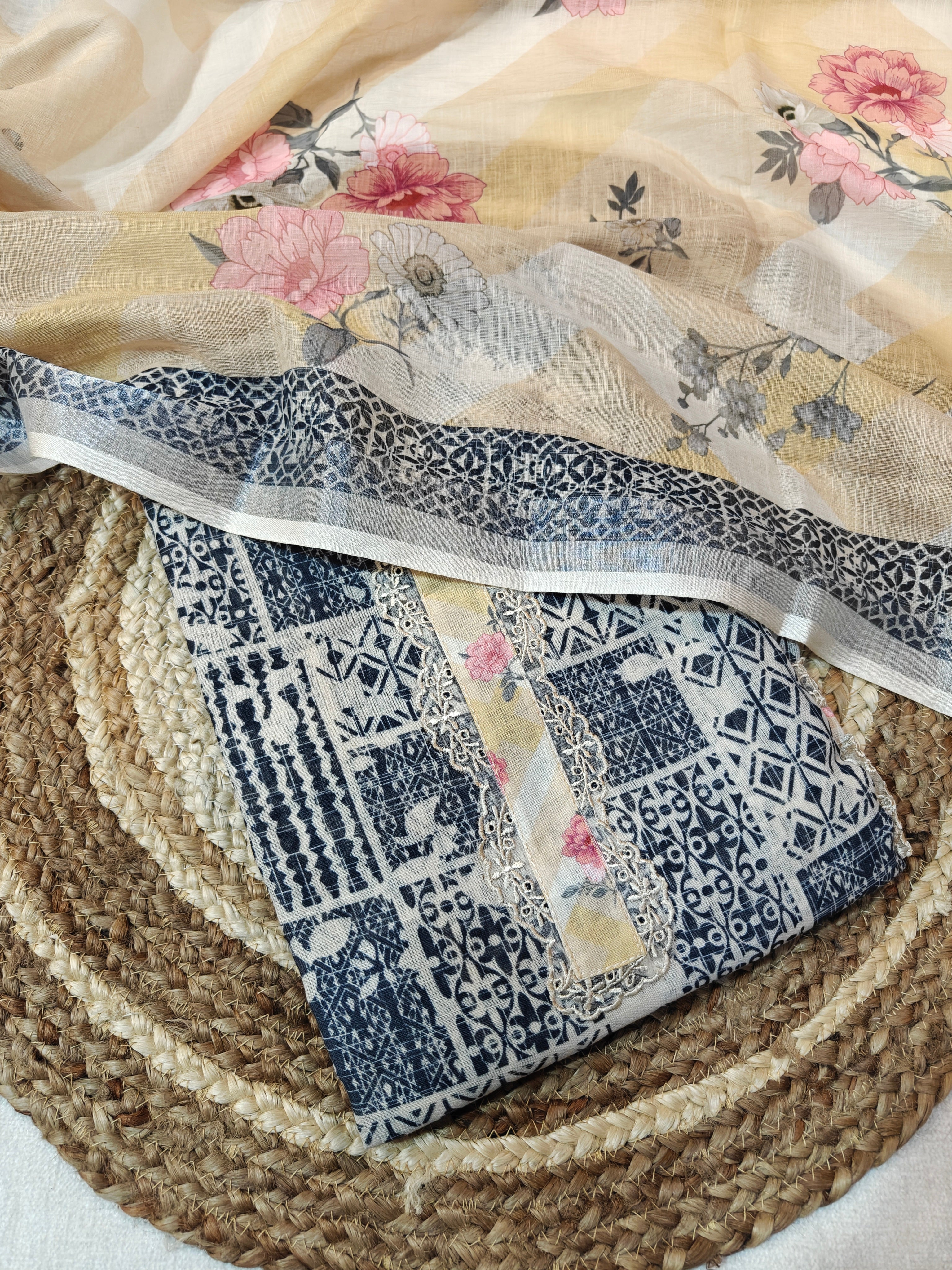 Indigo blue  & Cream Printed Linen Unstitched Suit Material with Floral Dupatta (3-Piece Set)