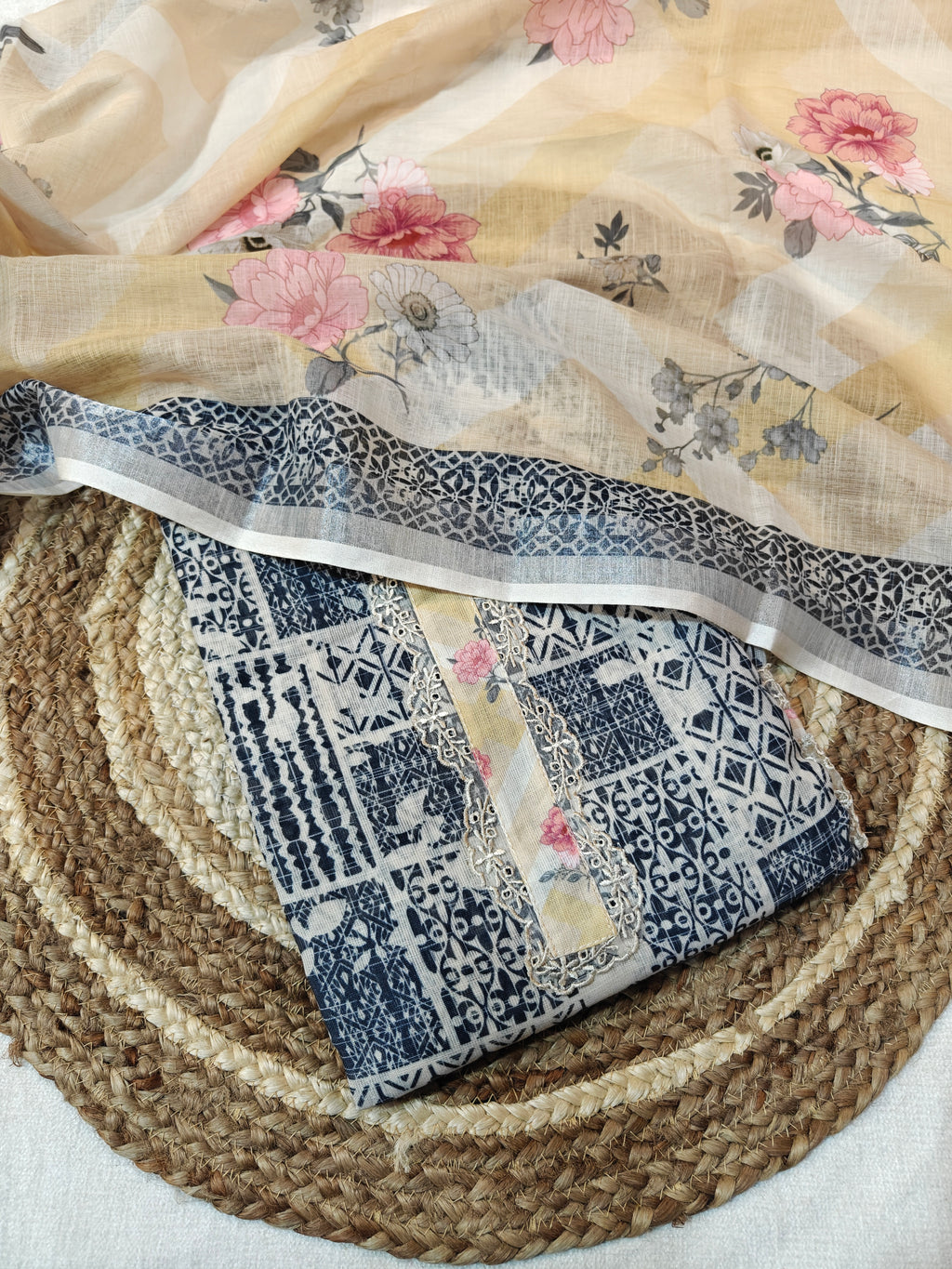Indigo blue  & Cream Printed Linen Unstitched Suit Material with Floral Dupatta (3-Piece Set)