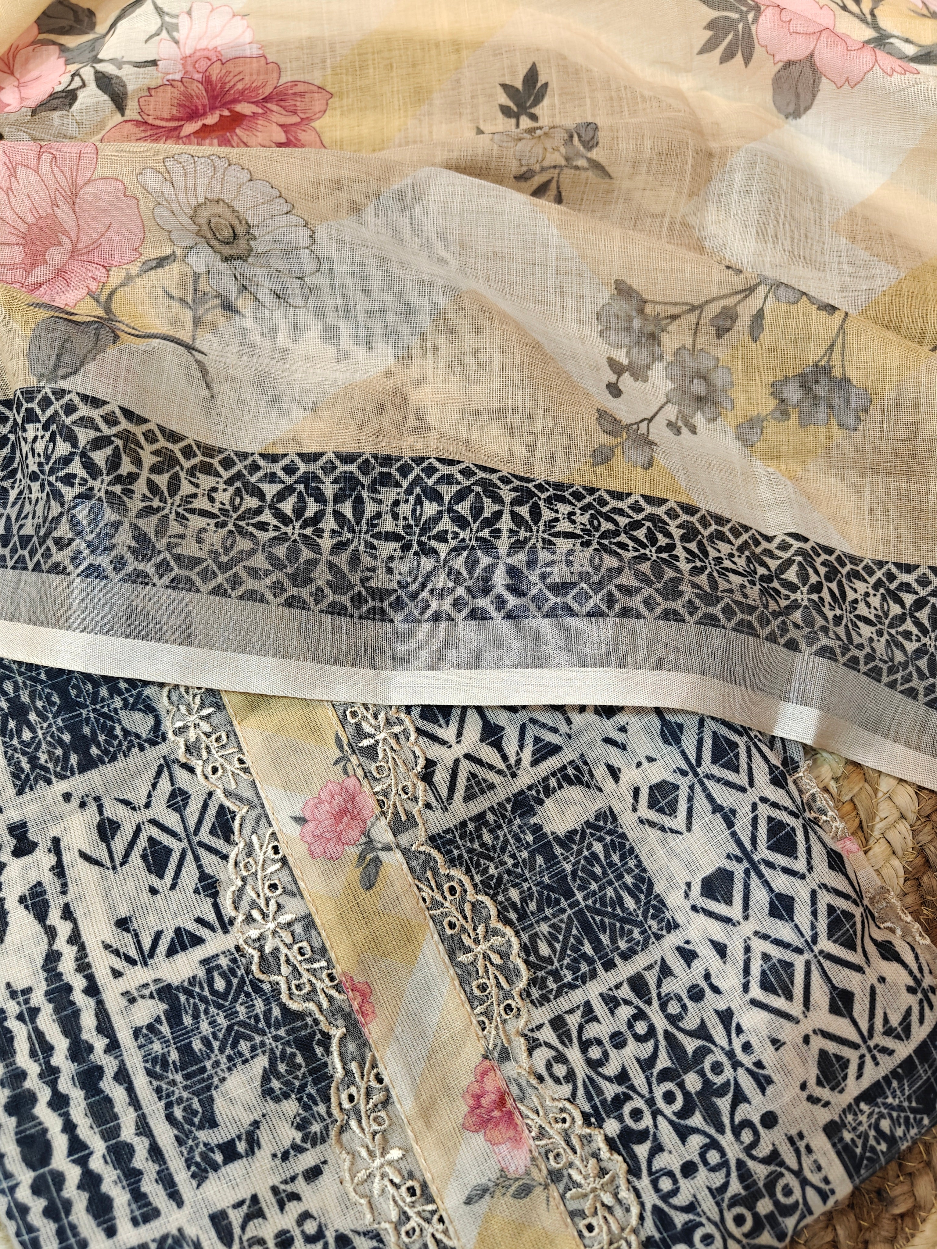 Indigo blue  & Cream Printed Linen Unstitched Suit Material with Floral Dupatta (3-Piece Set)