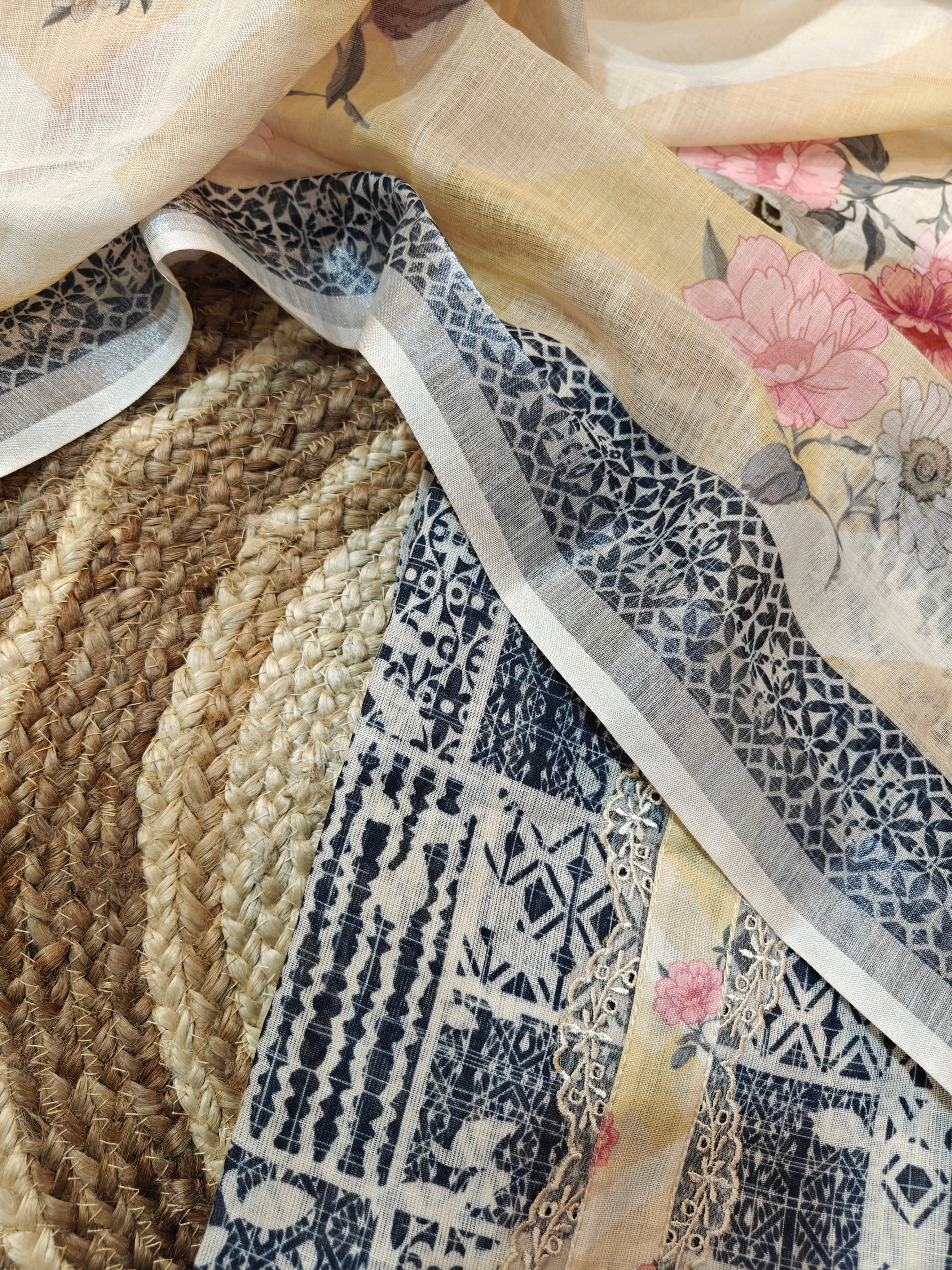 Indigo blue  & Cream Printed Linen Unstitched Suit Material with Floral Dupatta (3-Piece Set)