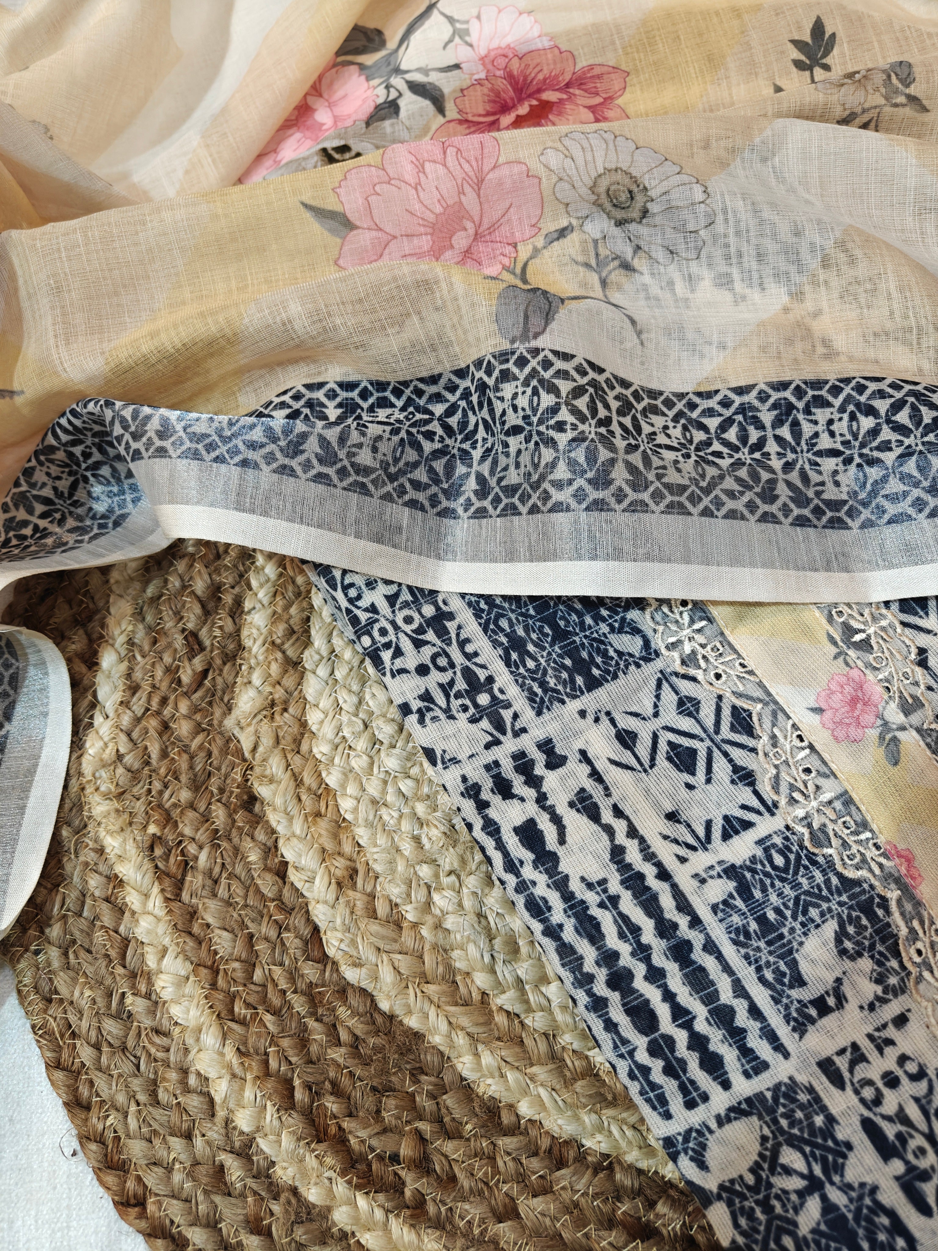 Indigo blue  & Cream Printed Linen Unstitched Suit Material with Floral Dupatta (3-Piece Set)
