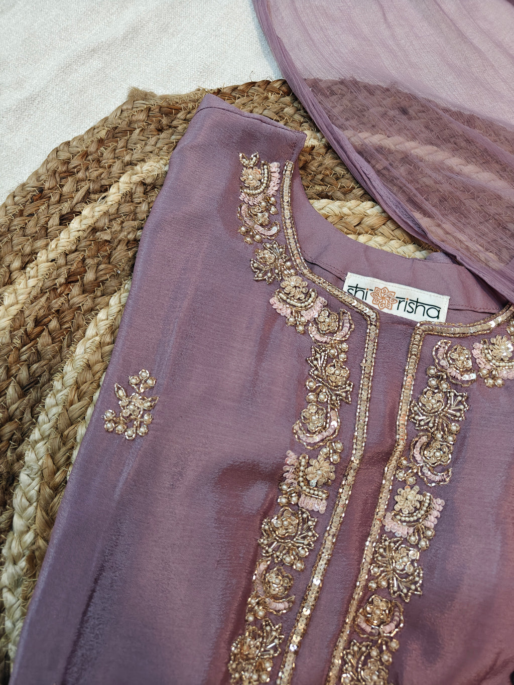 Elegant Mauve Chinon Handwork Short Kurta, Palazzo & Dupatta Set (3-Piece Festive Wear)