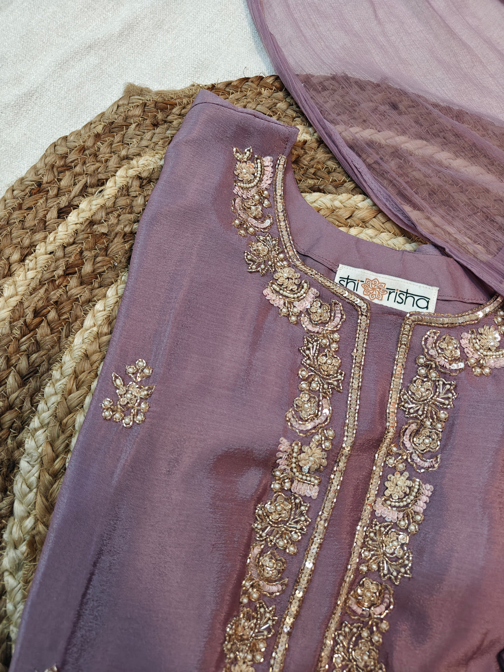 Elegant Mauve Chinon Handwork Short Kurta, Palazzo & Dupatta Set (3-Piece Festive Wear)