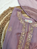 Elegant Mauve Chinon Handwork Short Kurta, Palazzo & Dupatta Set (3-Piece Festive Wear)