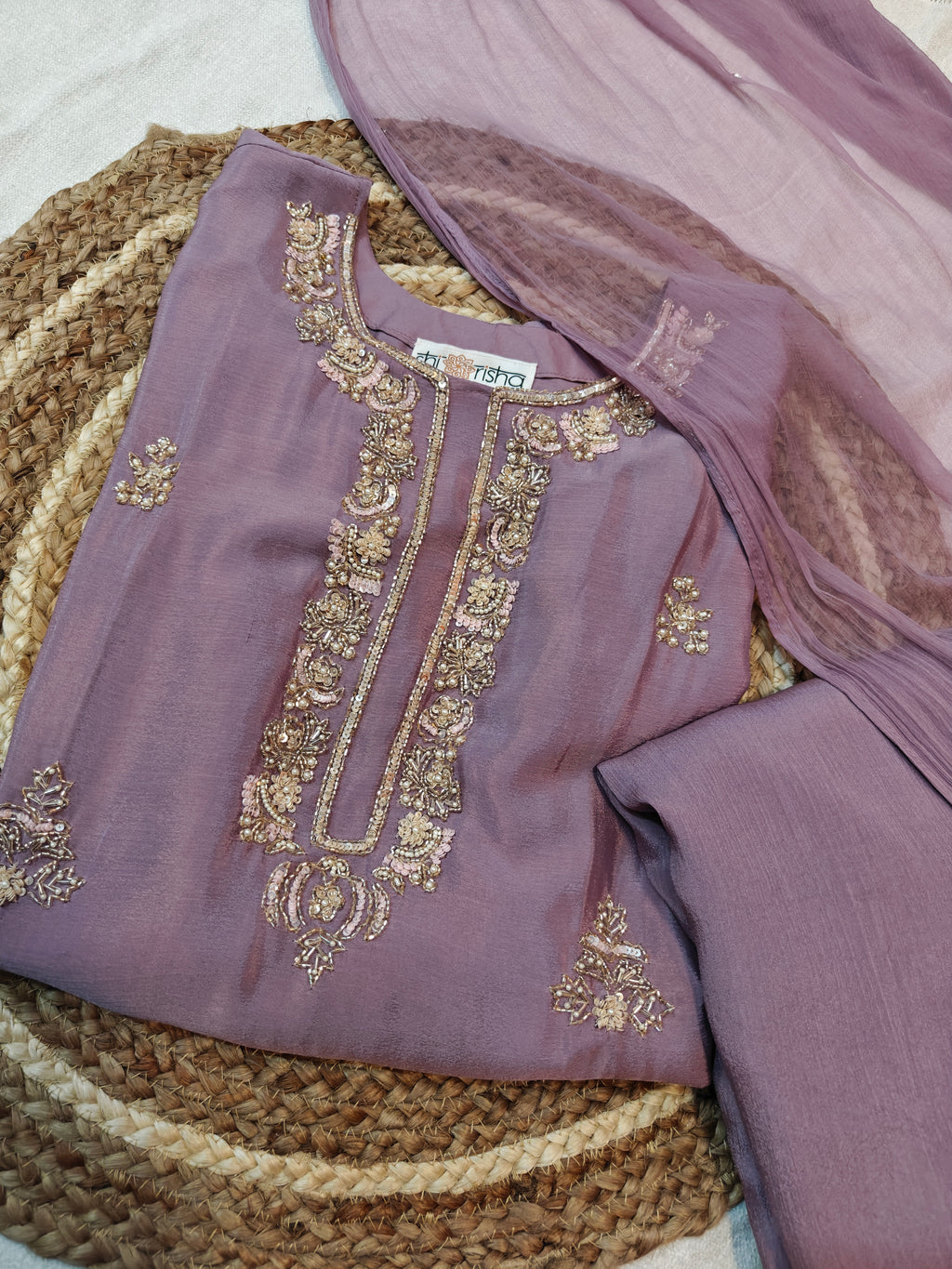 Elegant Mauve Chinon Handwork Short Kurta, Palazzo & Dupatta Set (3-Piece Festive Wear)