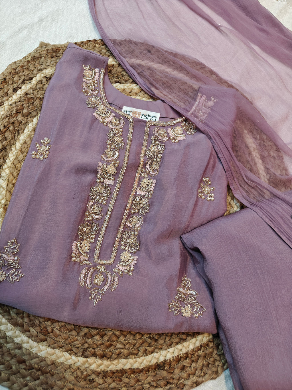 Elegant Mauve Chinon Handwork Short Kurta, Palazzo & Dupatta Set (3-Piece Festive Wear)
