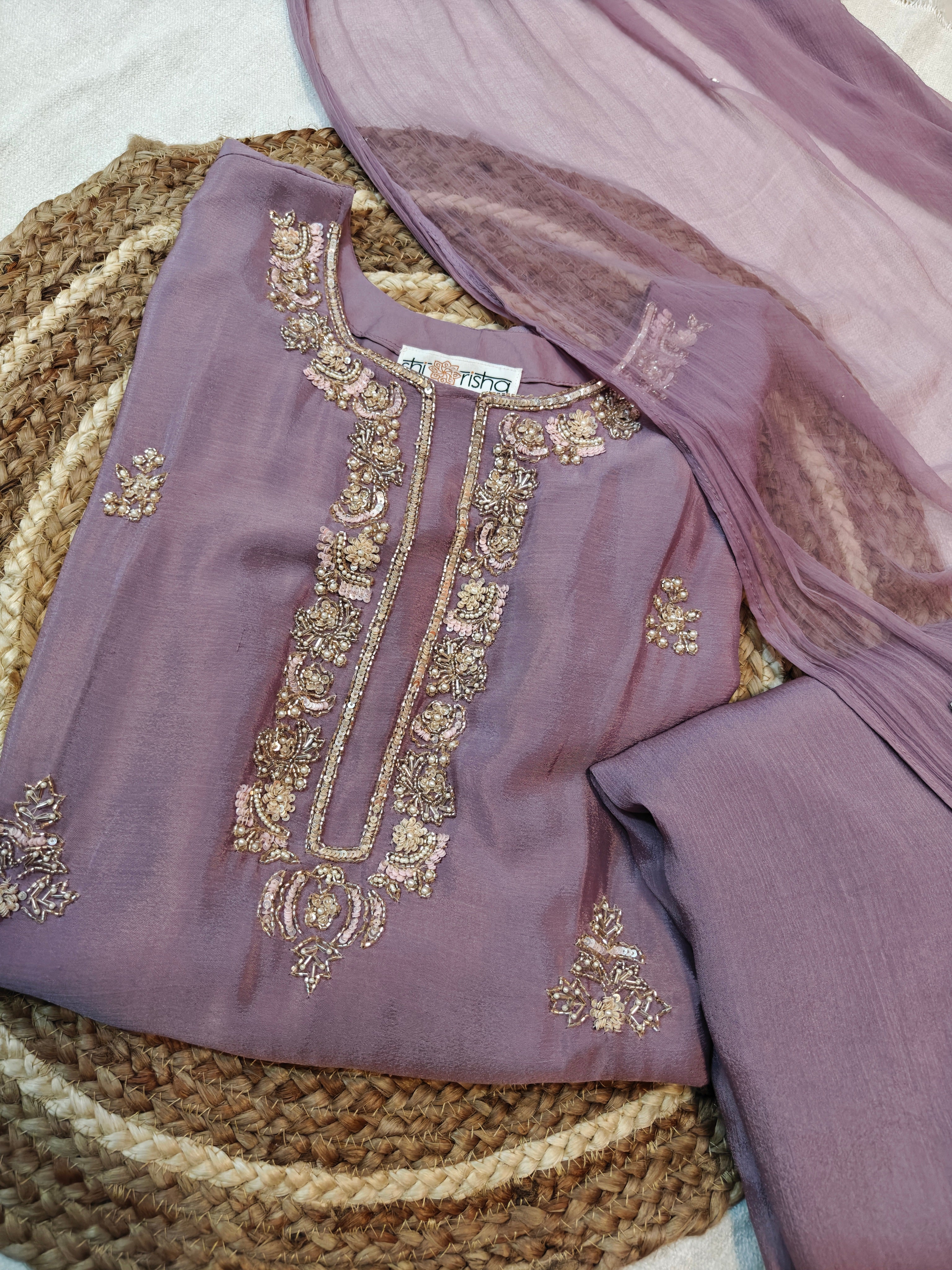 Elegant Mauve Chinon Handwork Short Kurta, Palazzo & Dupatta Set (3-Piece Festive Wear)