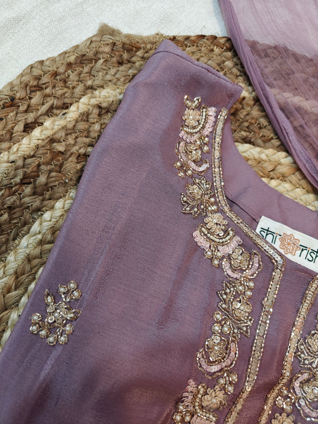 Elegant Mauve Chinon Handwork Short Kurta, Palazzo & Dupatta Set (3-Piece Festive Wear)