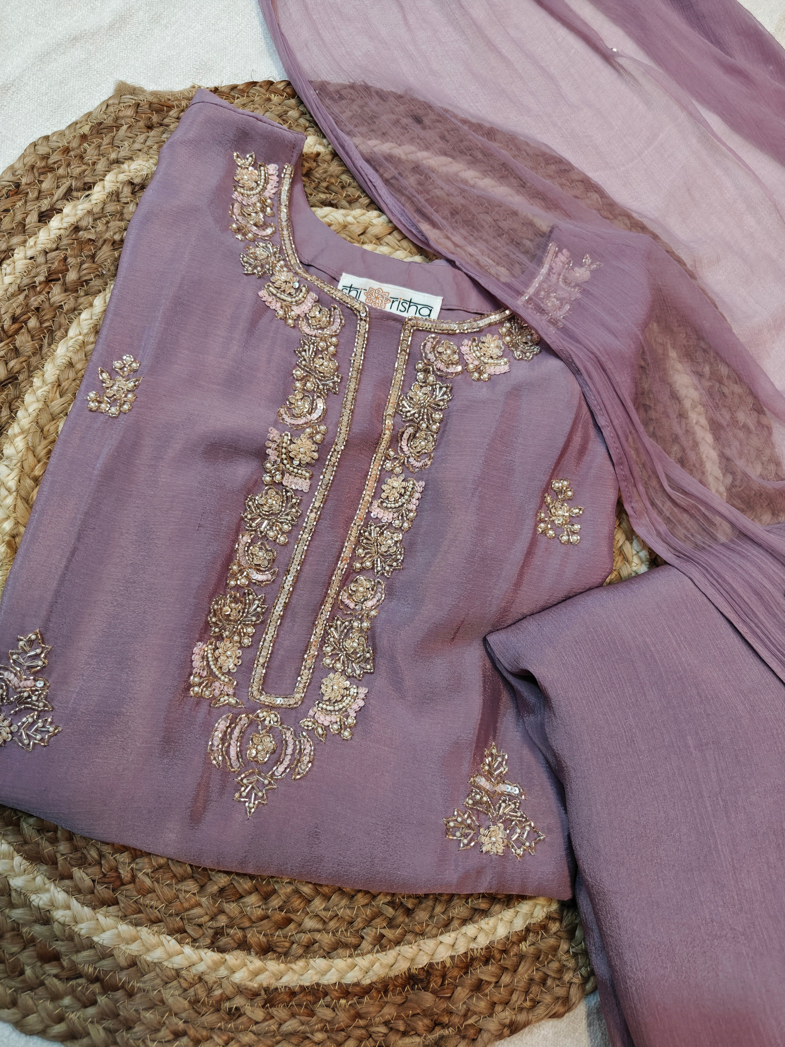 Elegant Mauve Chinon Handwork Short Kurta, Palazzo & Dupatta Set (3-Piece Festive Wear)