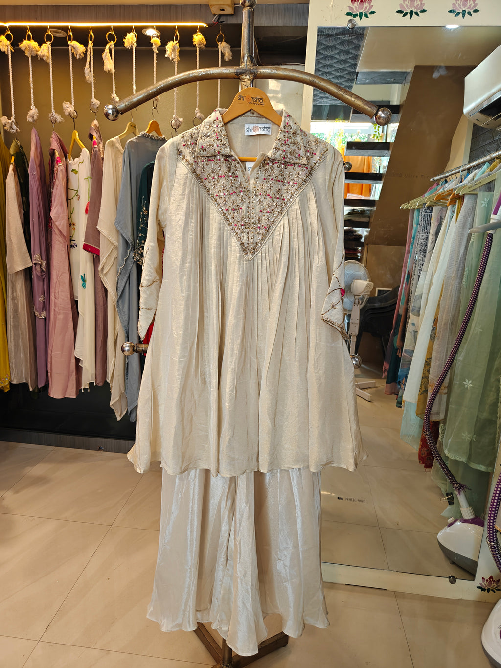 Metallic Elegance: Tissue Handwork Co-ord Set with A-Line Pants