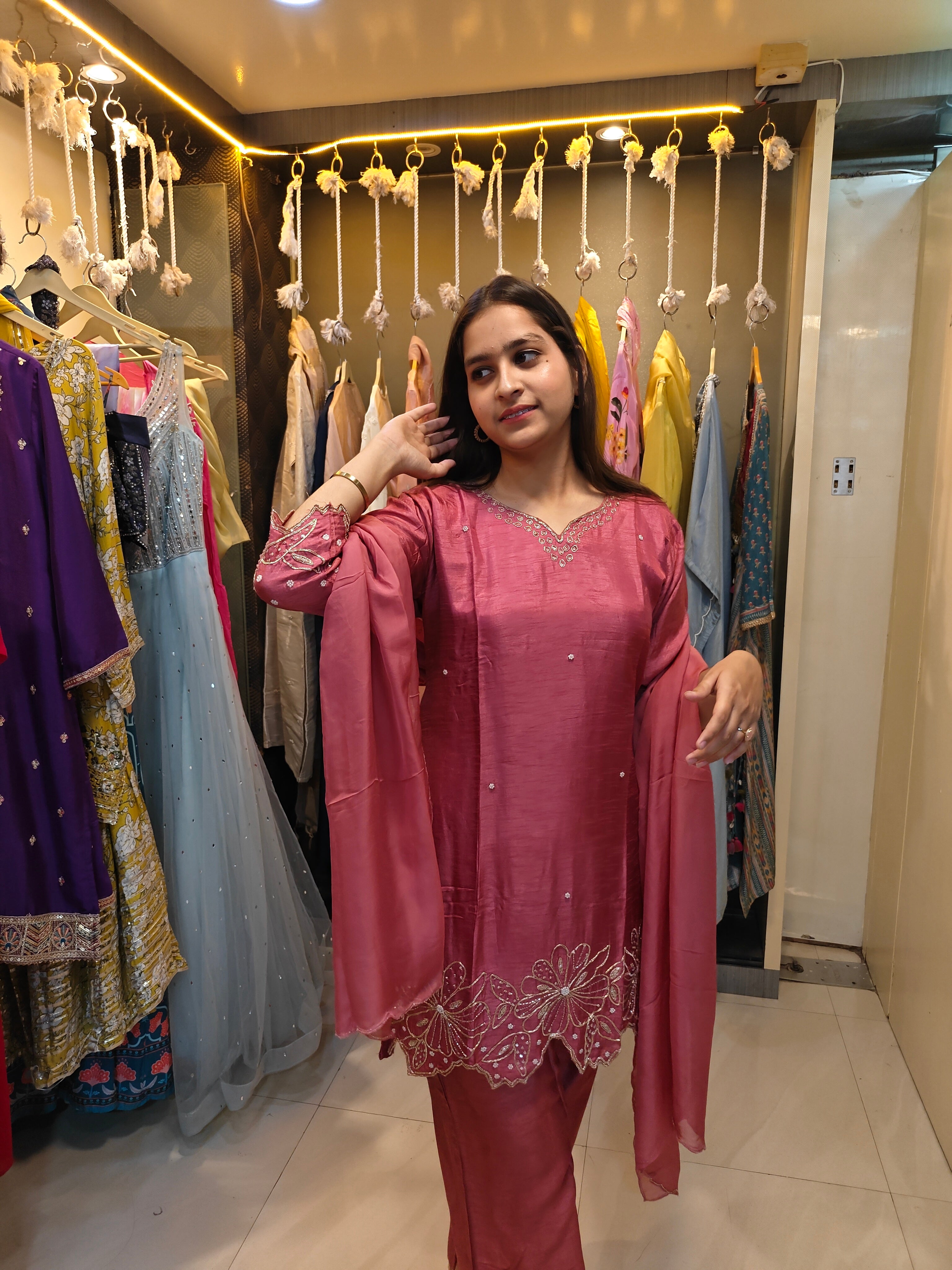 Onion pink  Raw Silk Kurta Set with Intricate Zardozi & Cut Work