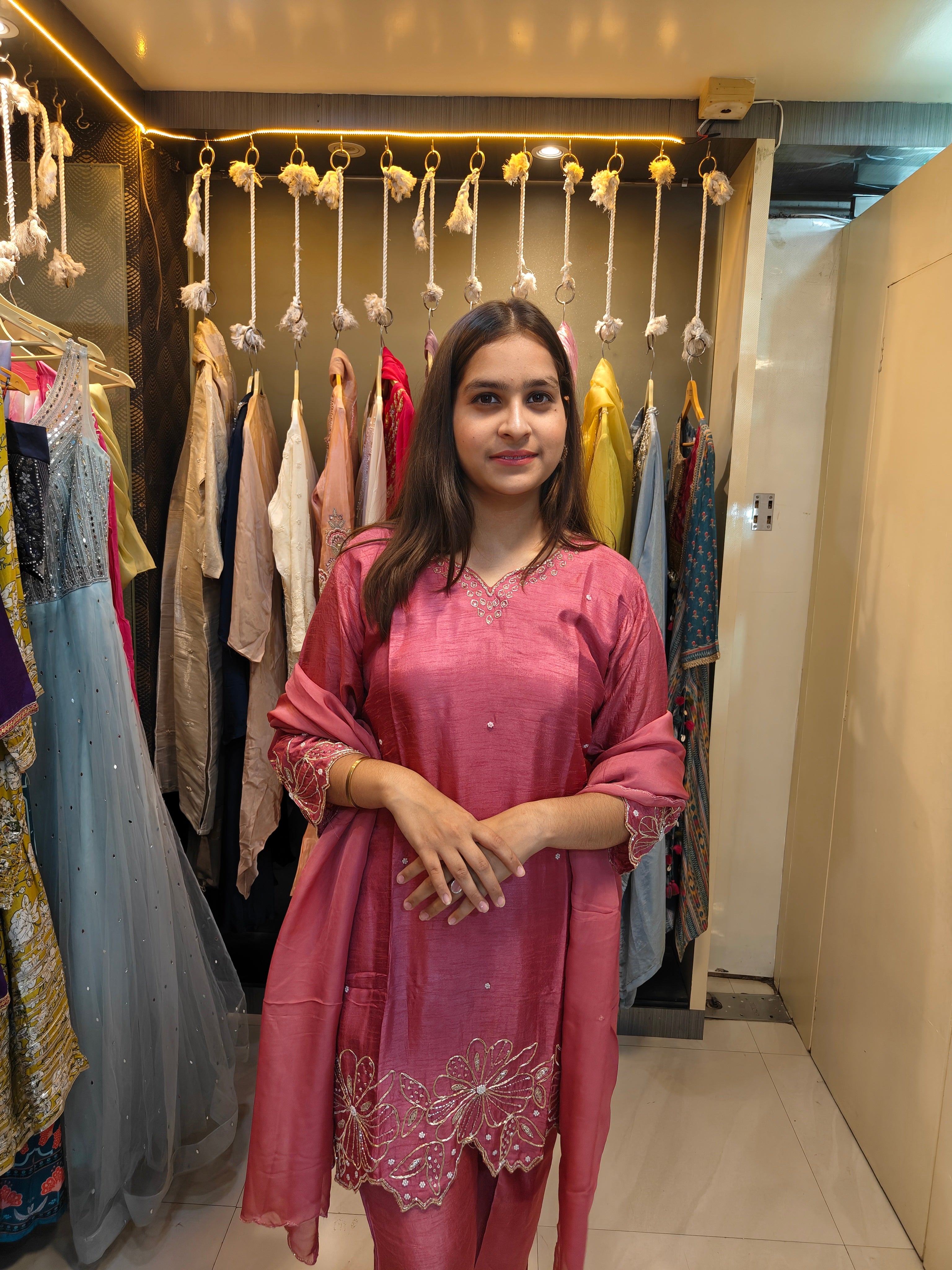 Onion pink  Raw Silk Kurta Set with Intricate Zardozi & Cut Work