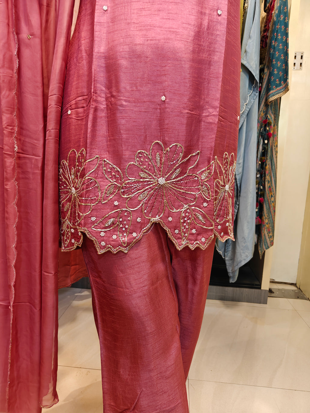 Onion pink  Raw Silk Kurta Set with Intricate Zardozi & Cut Work
