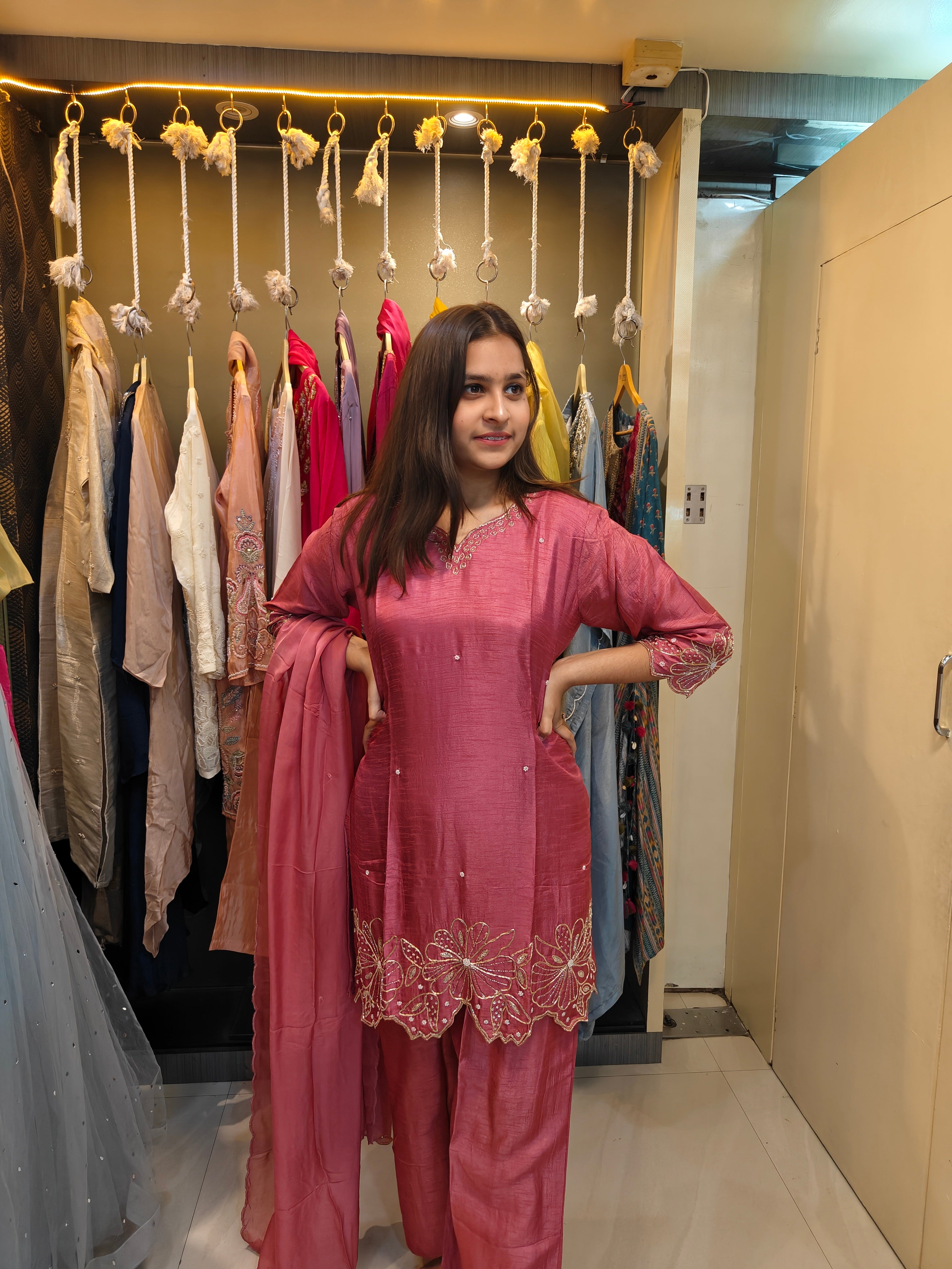 Onion pink  Raw Silk Kurta Set with Intricate Zardozi & Cut Work