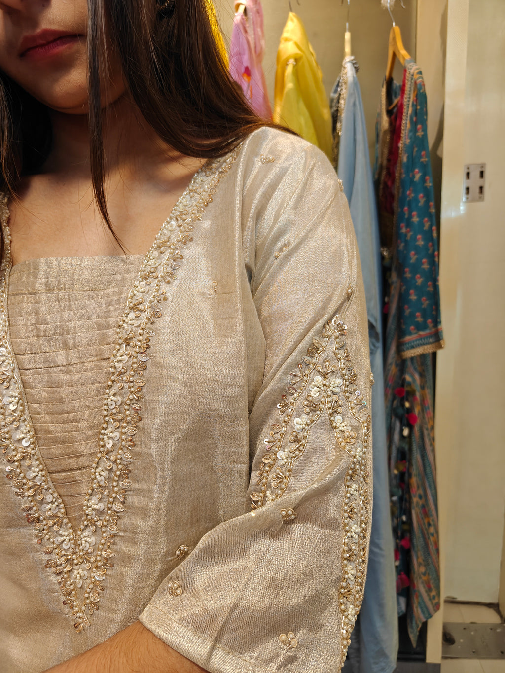 Kali pants and gold zari chanderi dupatta in ivory tissue silk suit set