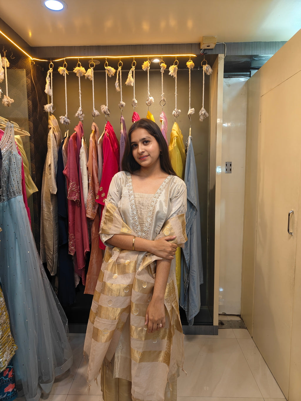 V-neck zardozi yoke detail of ivory tissue silk kurta from Shirisha