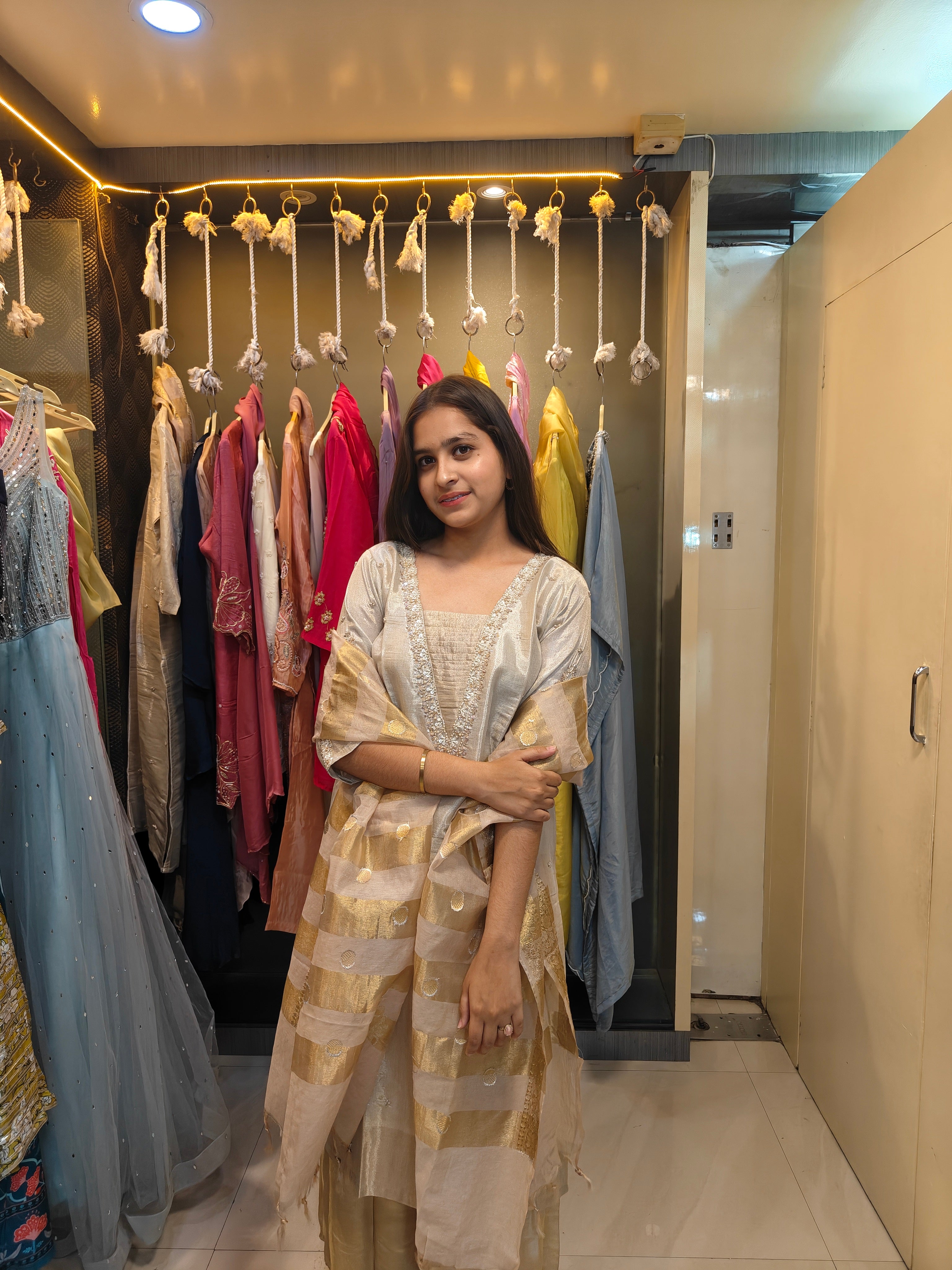 V-neck zardozi yoke detail of ivory tissue silk kurta from Shirisha