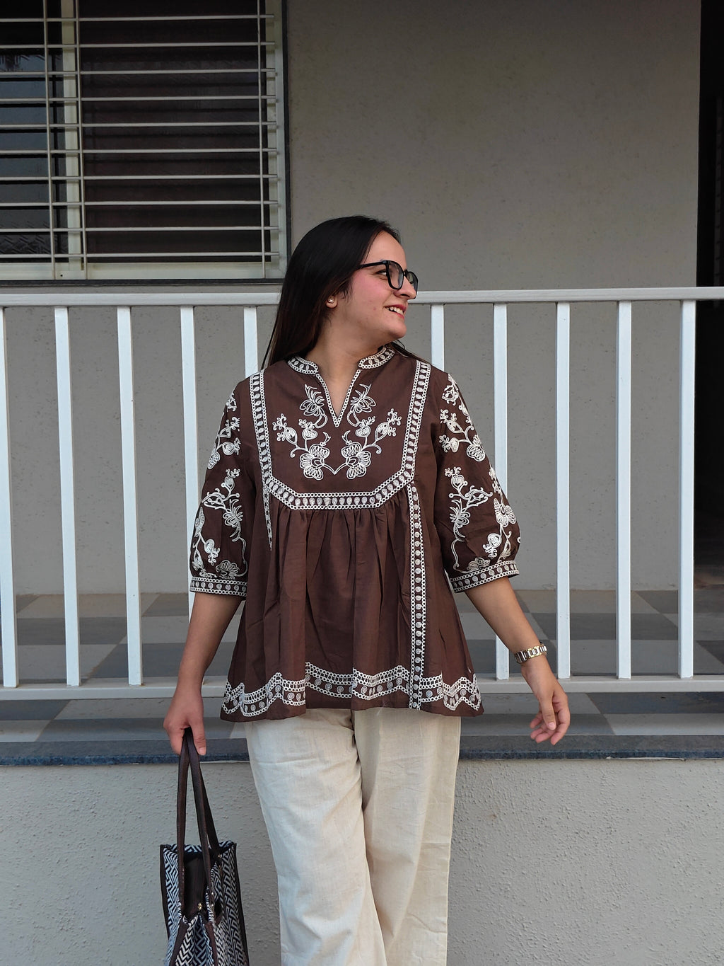 Sleeve embroidery detail on Shirisha coffee brown cotton cord set