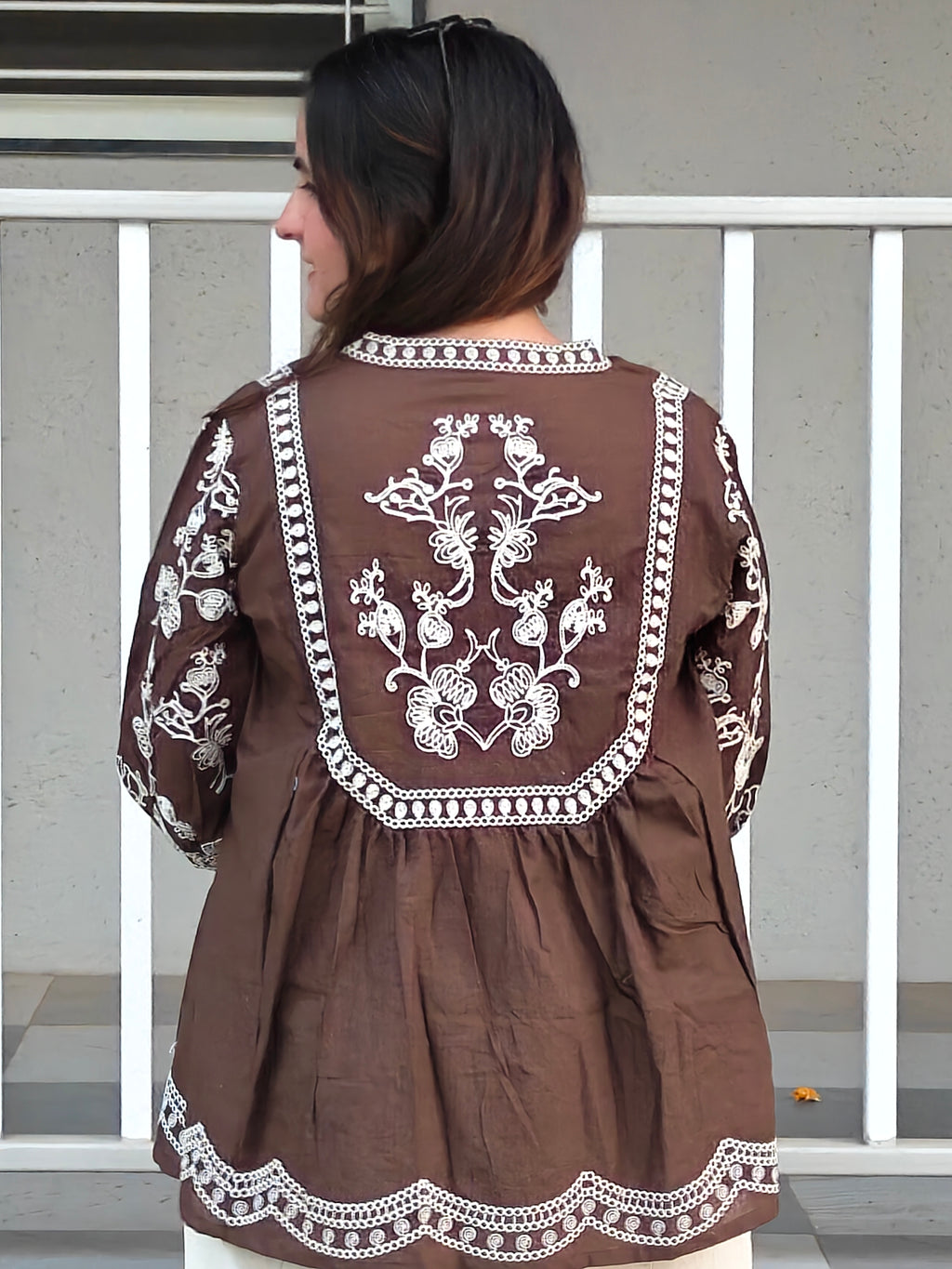 Styled look of coffee brown embroidered cotton cord set for festive and casual wear