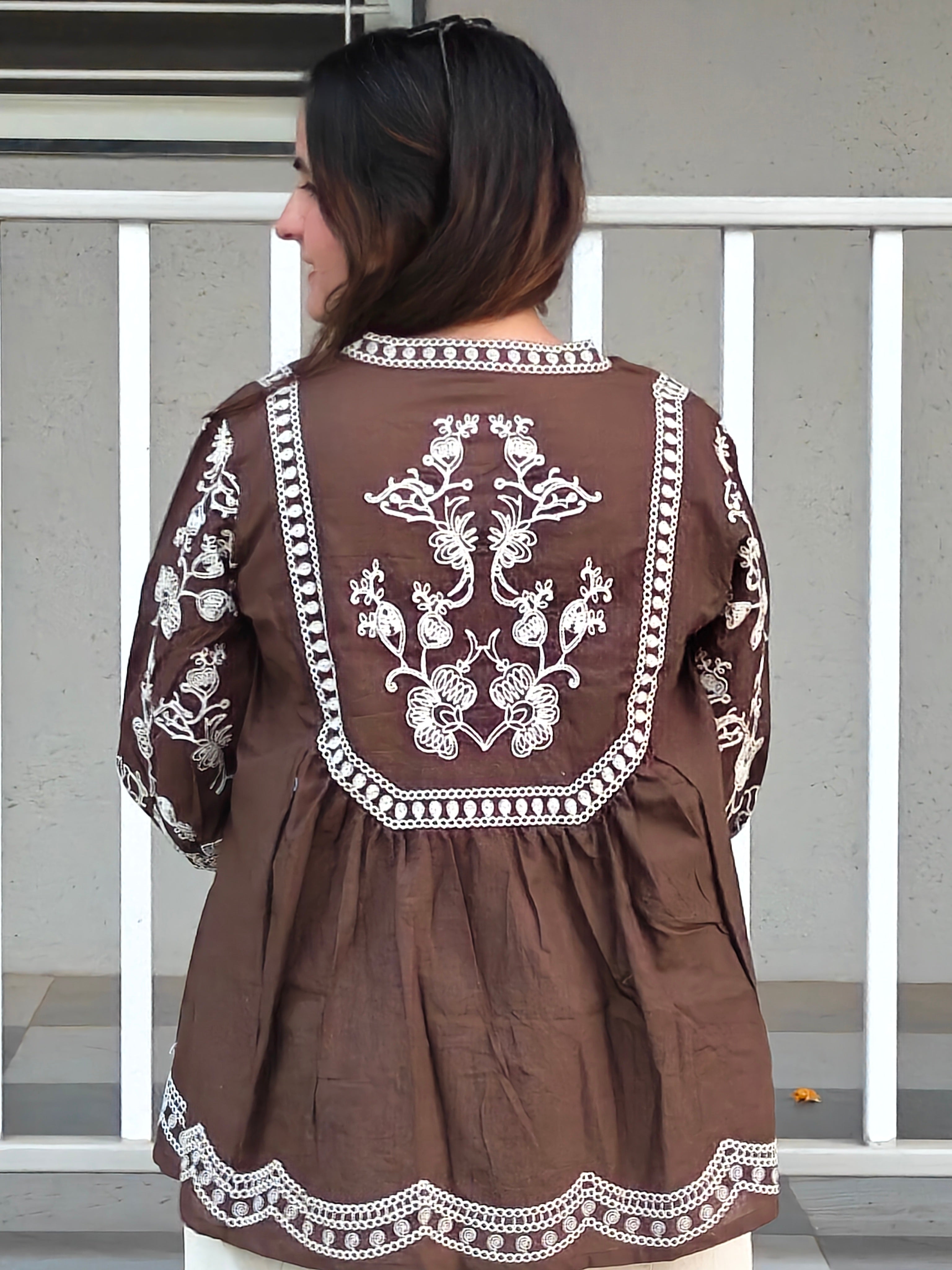 Styled look of coffee brown embroidered cotton cord set for festive and casual wear