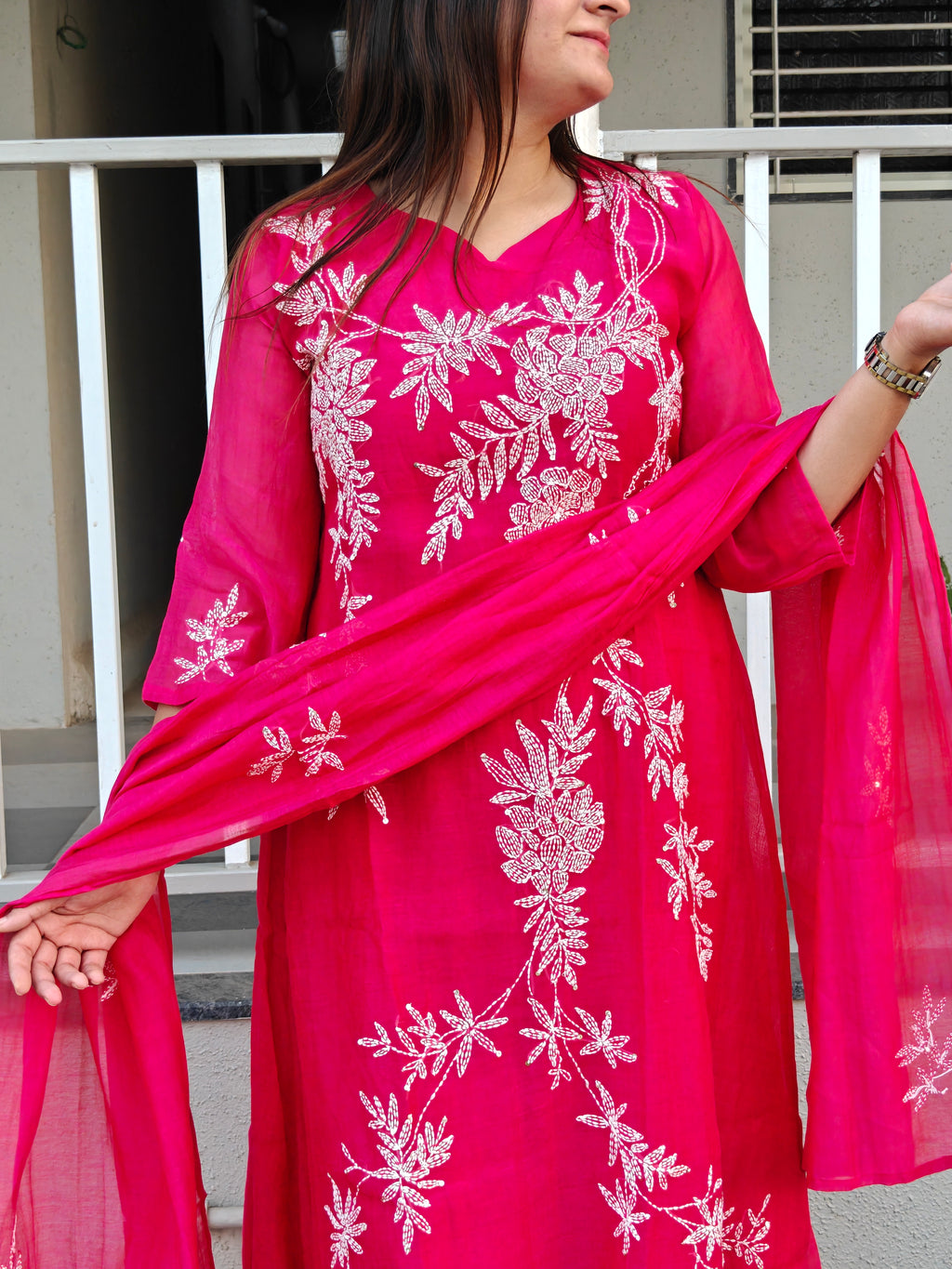 Fuchsia Pink Mul Chanderi A-Line Dupatta Set