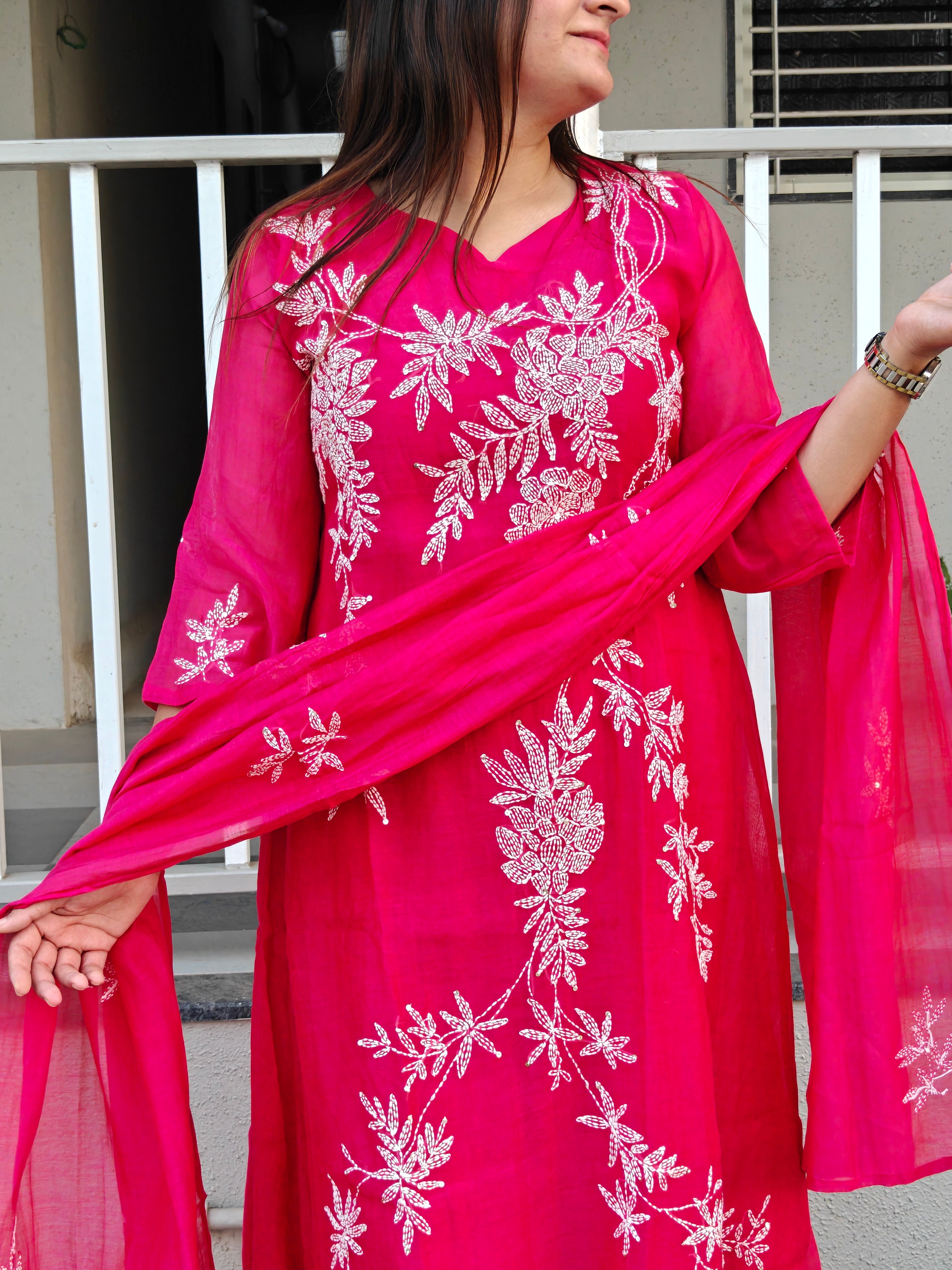 Fuchsia Pink Mul Chanderi A-Line Dupatta Set