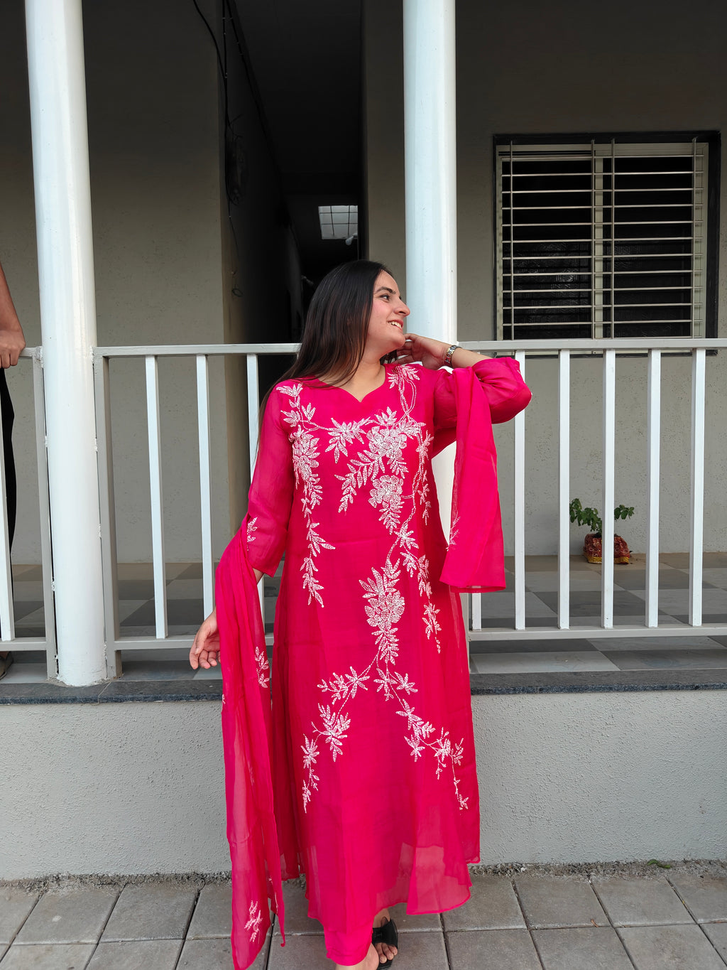Fuchsia Pink Mul Chanderi A-Line Dupatta Set