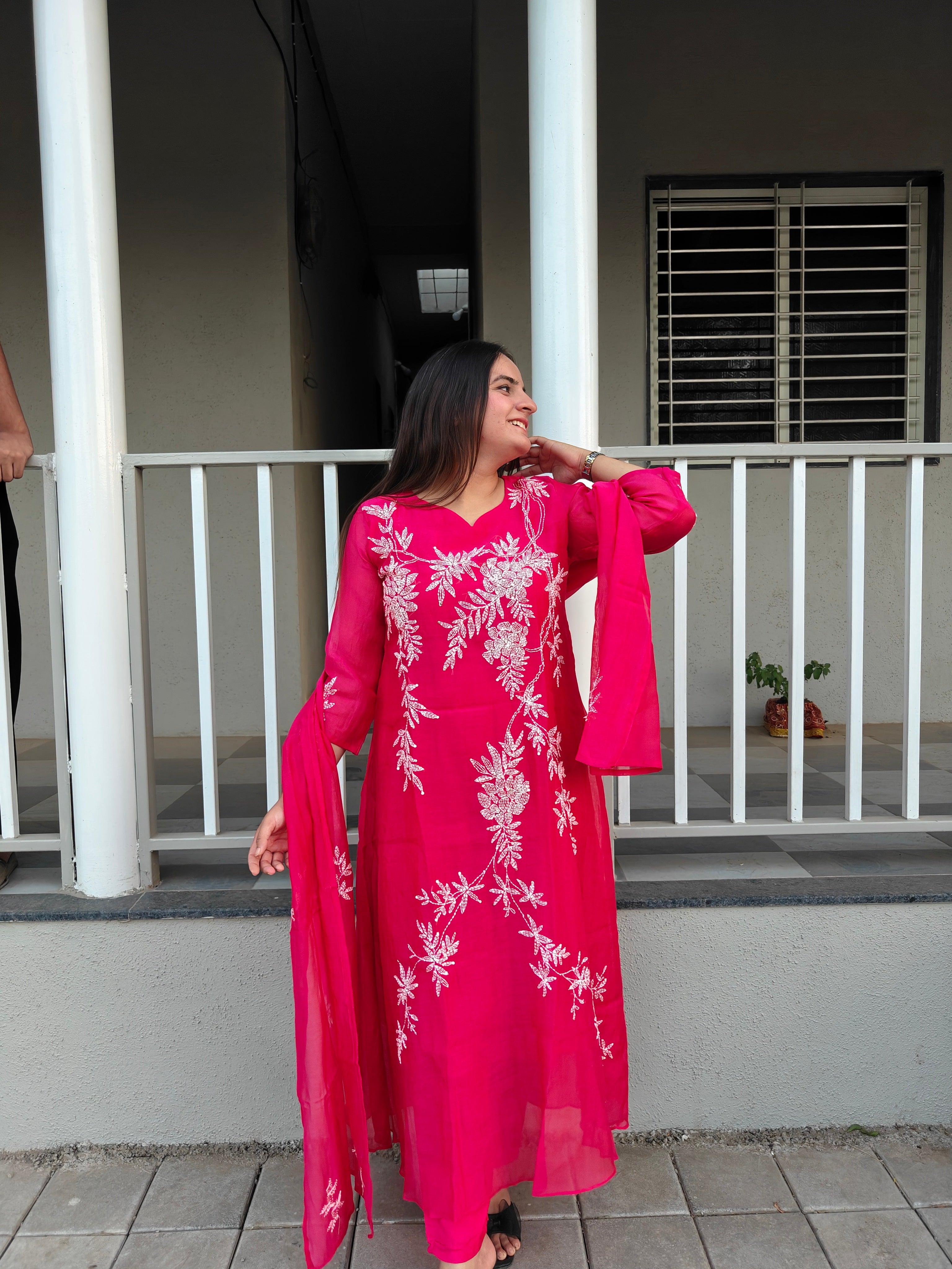 Fuchsia Pink Mul Chanderi A-Line Dupatta Set
