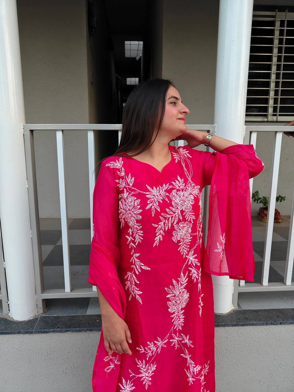 Fuchsia Pink Mul Chanderi A-Line Dupatta Set