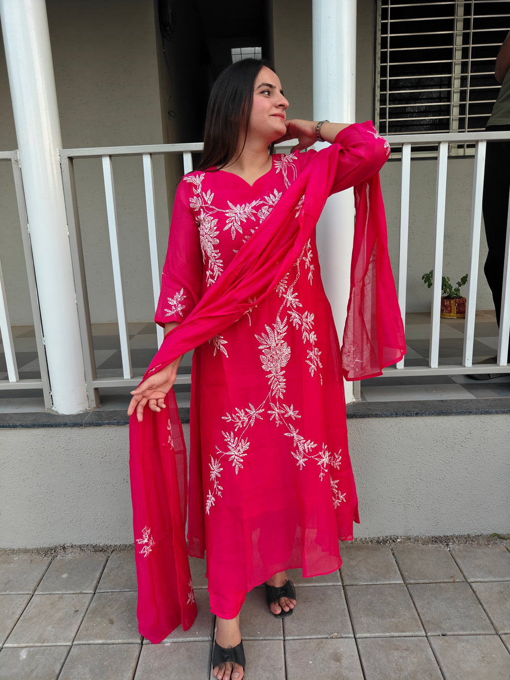 Fuchsia Pink Mul Chanderi A-Line Dupatta Set