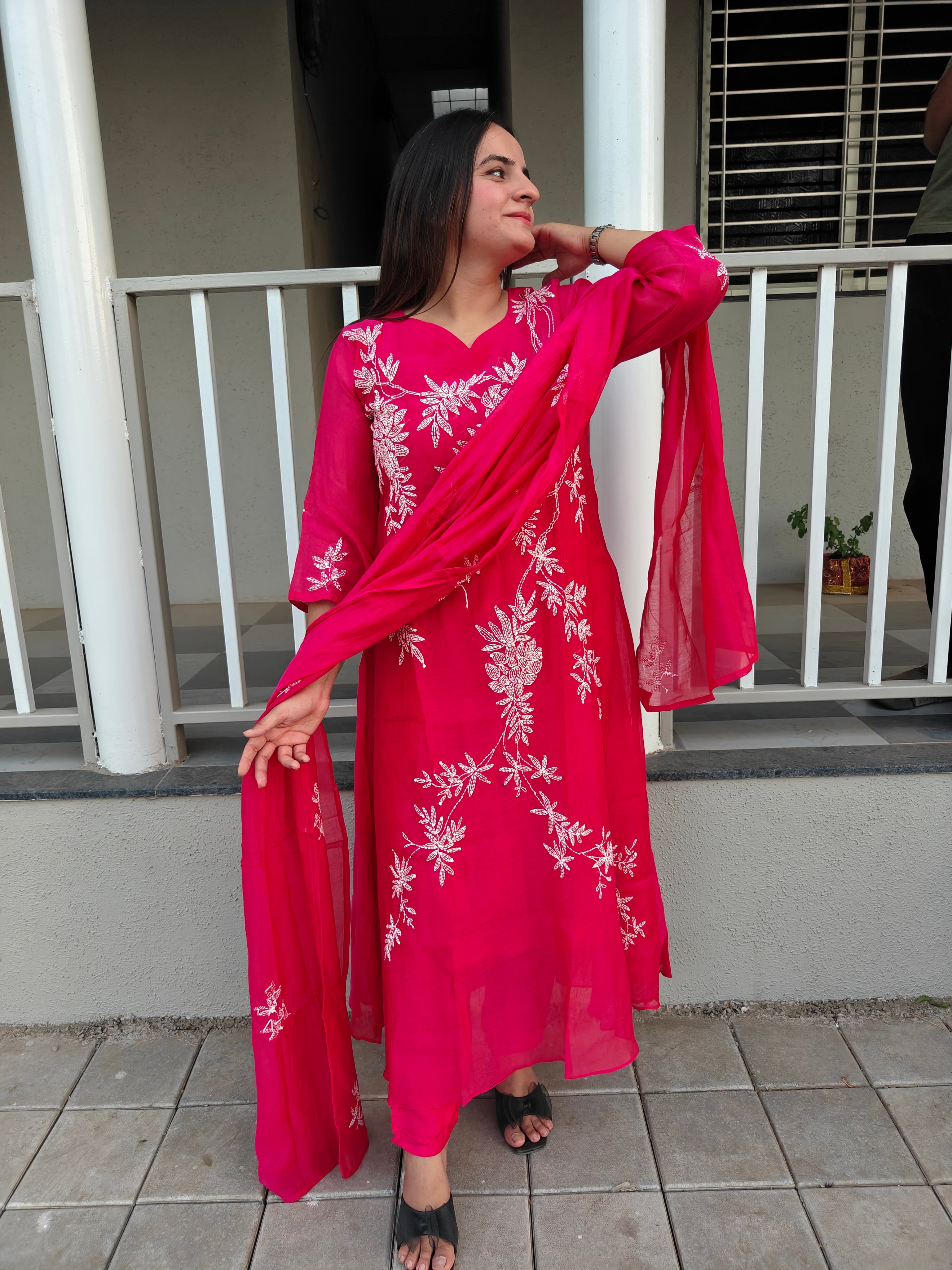 Fuchsia Pink Mul Chanderi A-Line Dupatta Set
