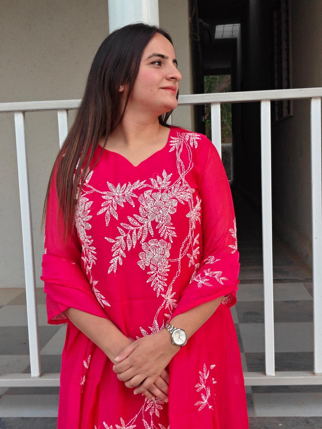 Fuchsia Pink Mul Chanderi A-Line Dupatta Set