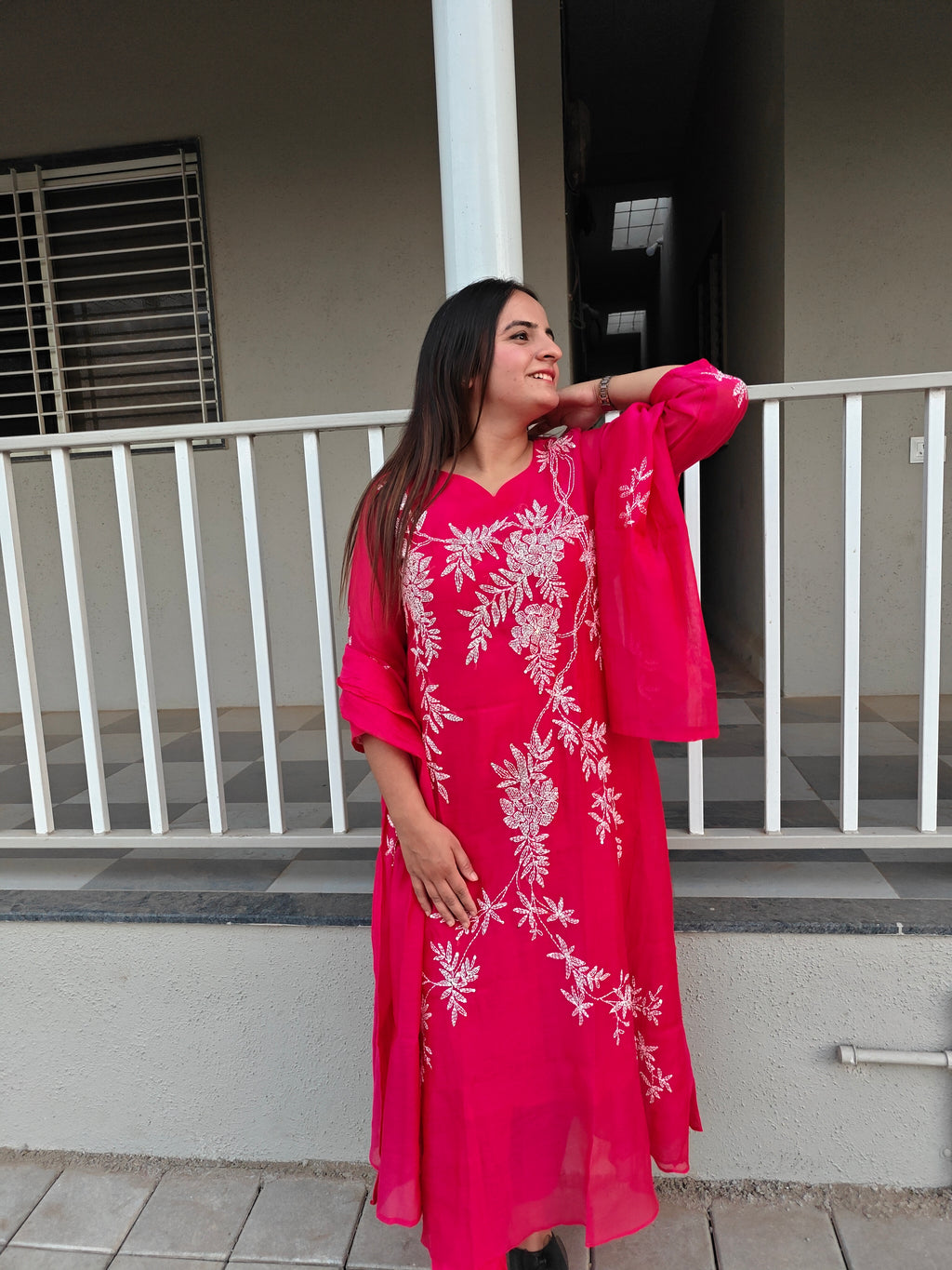 Fuchsia Pink Mul Chanderi A-Line Dupatta Set