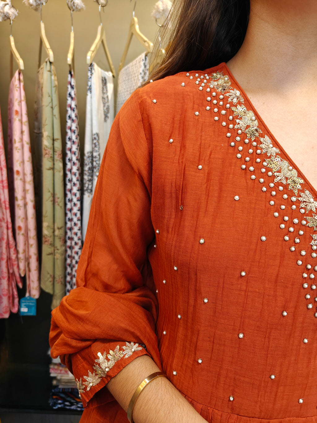 Rust Mul Chanderi Handcrafted Angrakha Suit Set