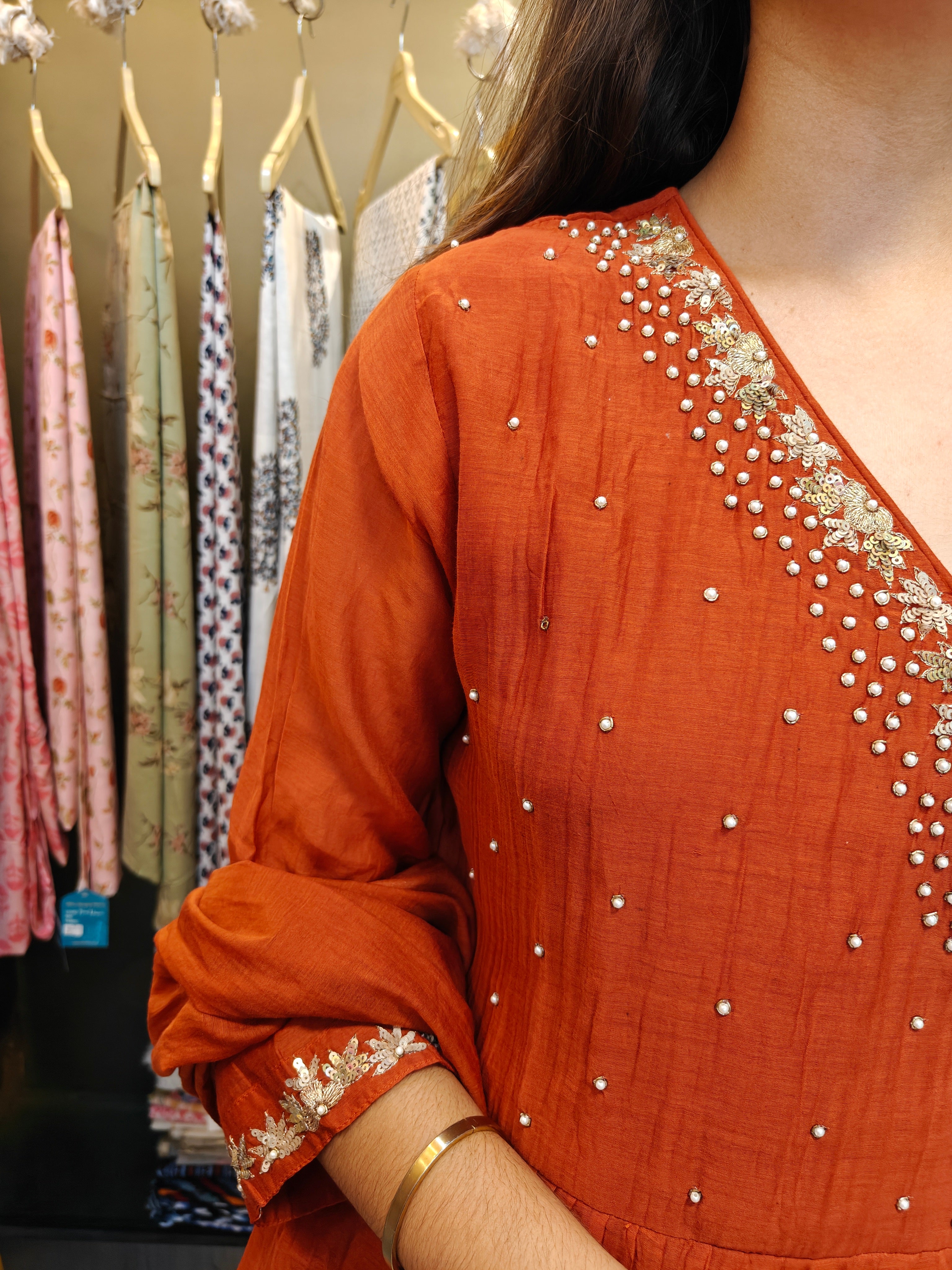 Rust Mul Chanderi Handcrafted Angrakha Suit Set