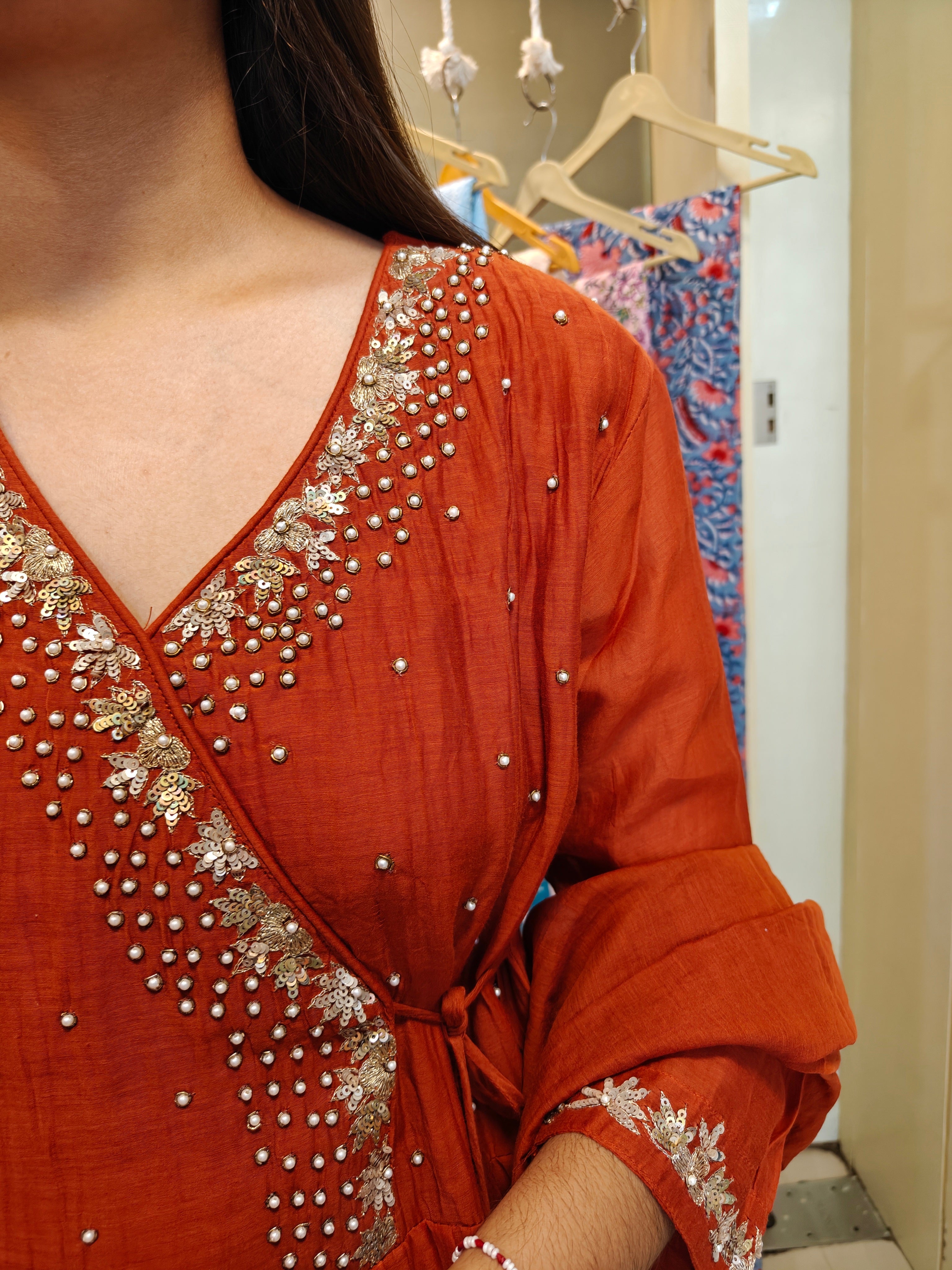 Rust Mul Chanderi Handcrafted Angrakha Suit Set
