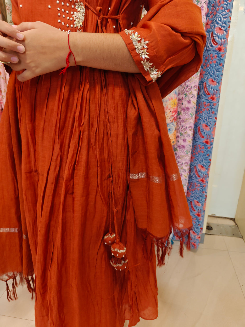 Rust Mul Chanderi Handcrafted Angrakha Suit Set