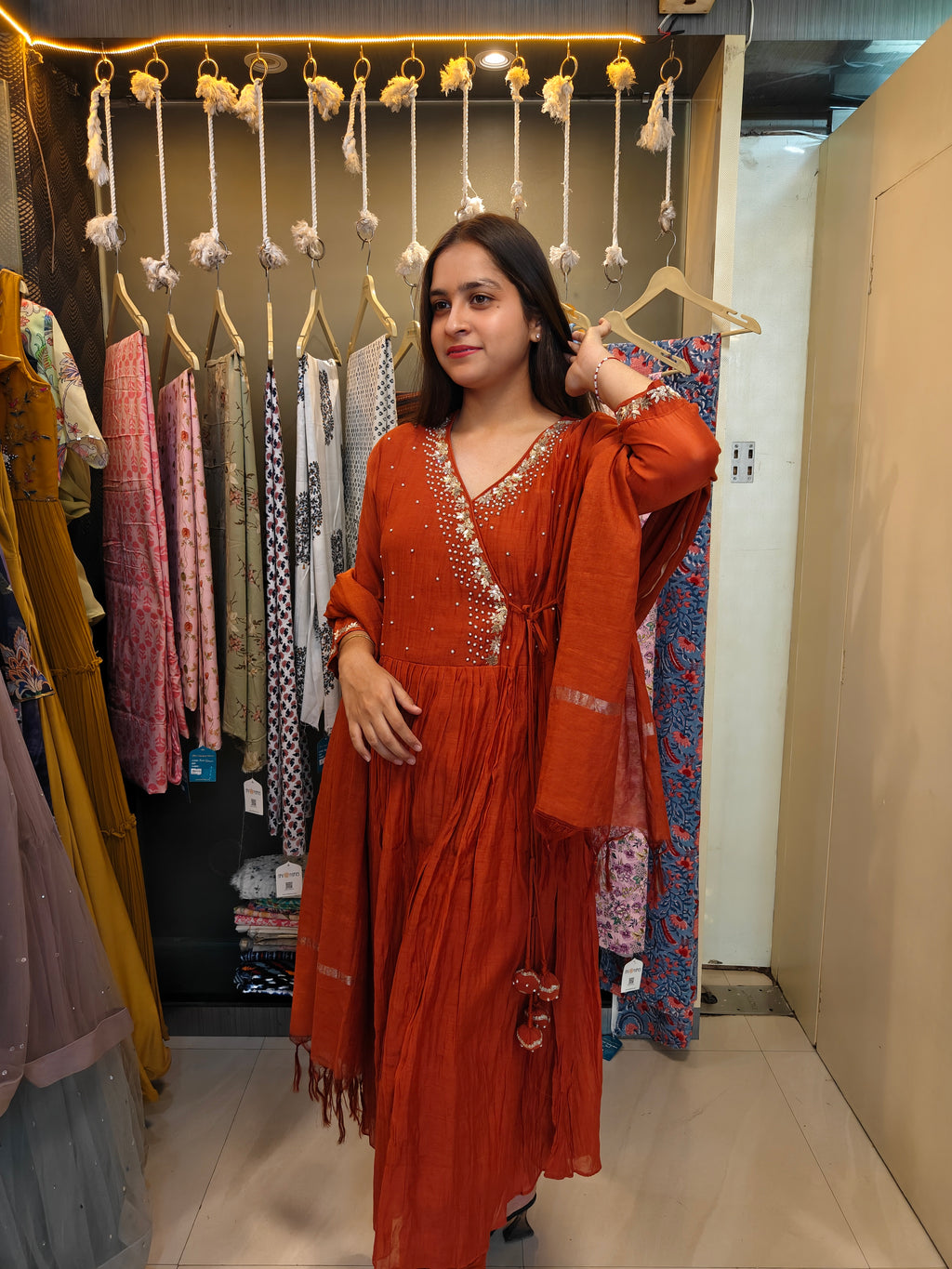 Rust Mul Chanderi Handcrafted Angrakha Suit Set
