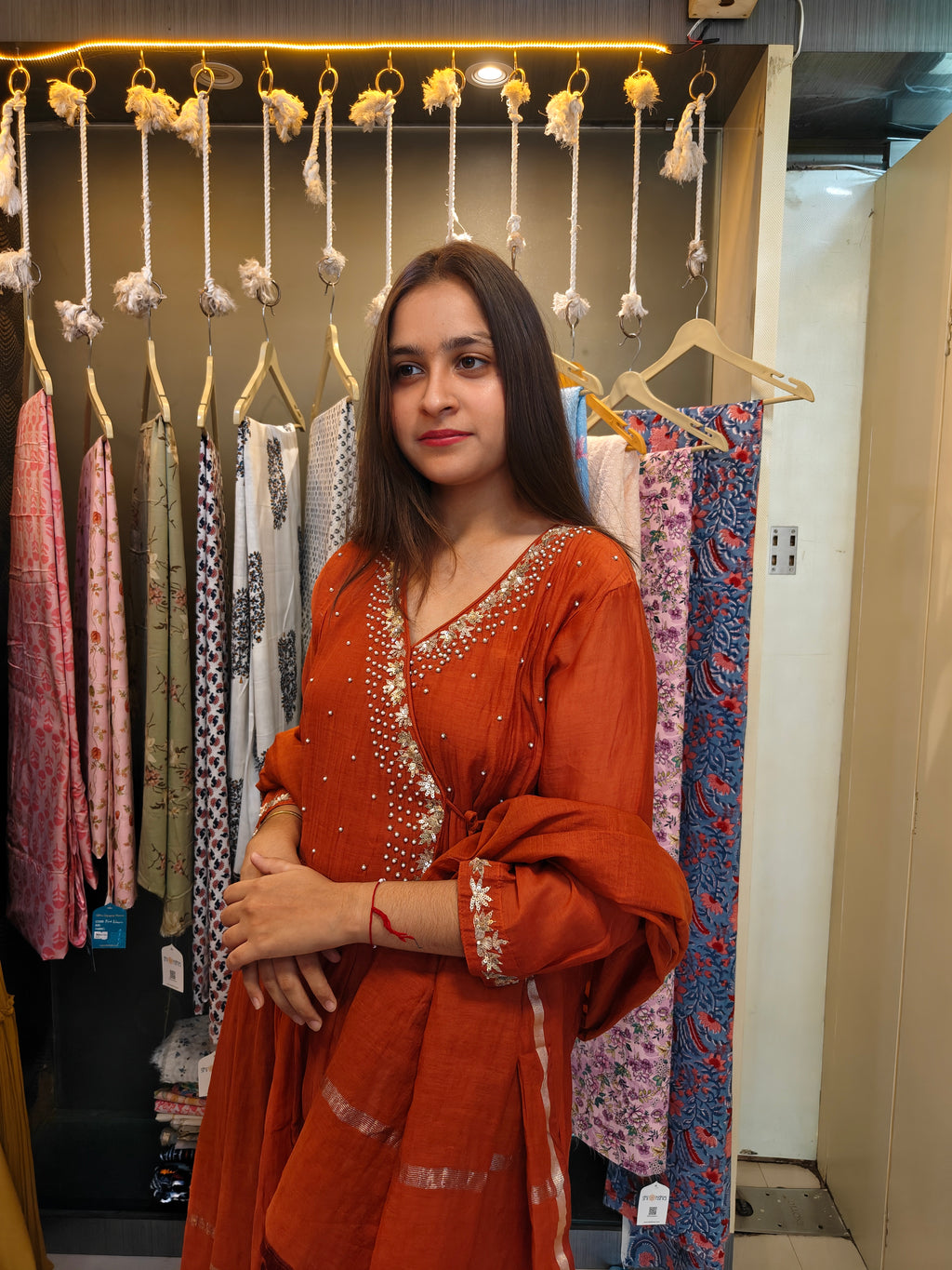 Rust Mul Chanderi Handcrafted Angrakha Suit Set
