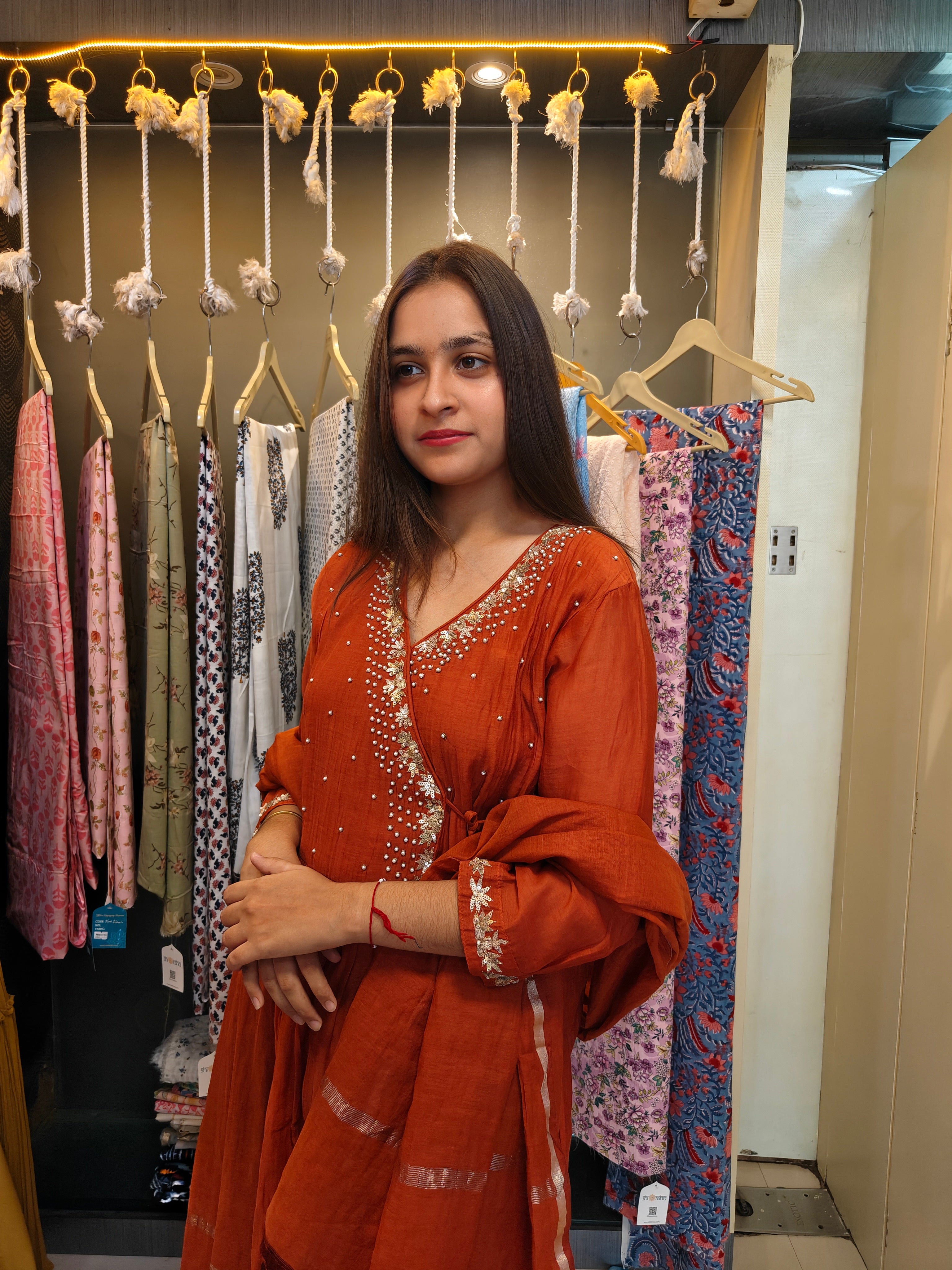 Rust Mul Chanderi Handcrafted Angrakha Suit Set