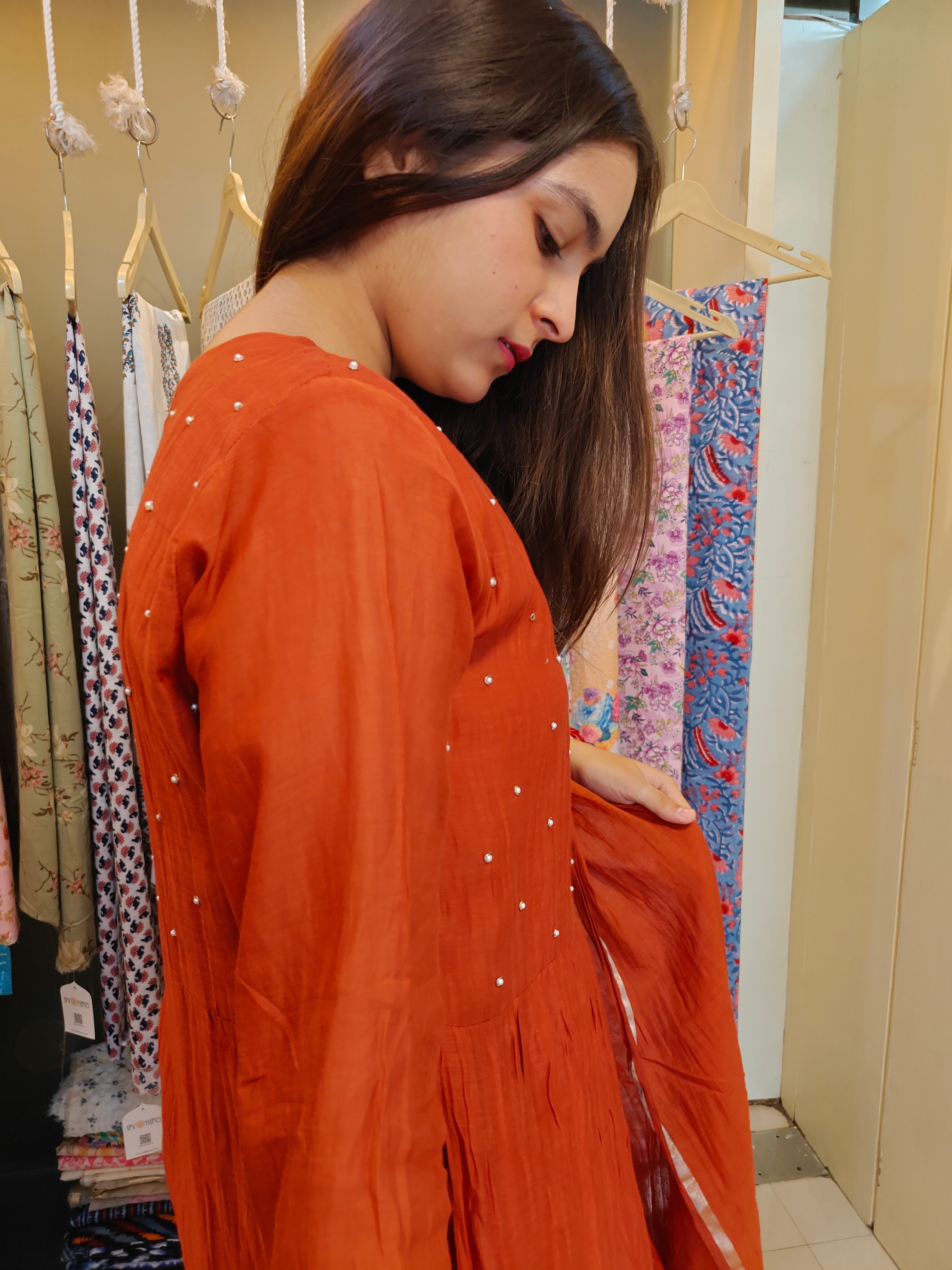 Rust Mul Chanderi Handcrafted Angrakha Suit Set