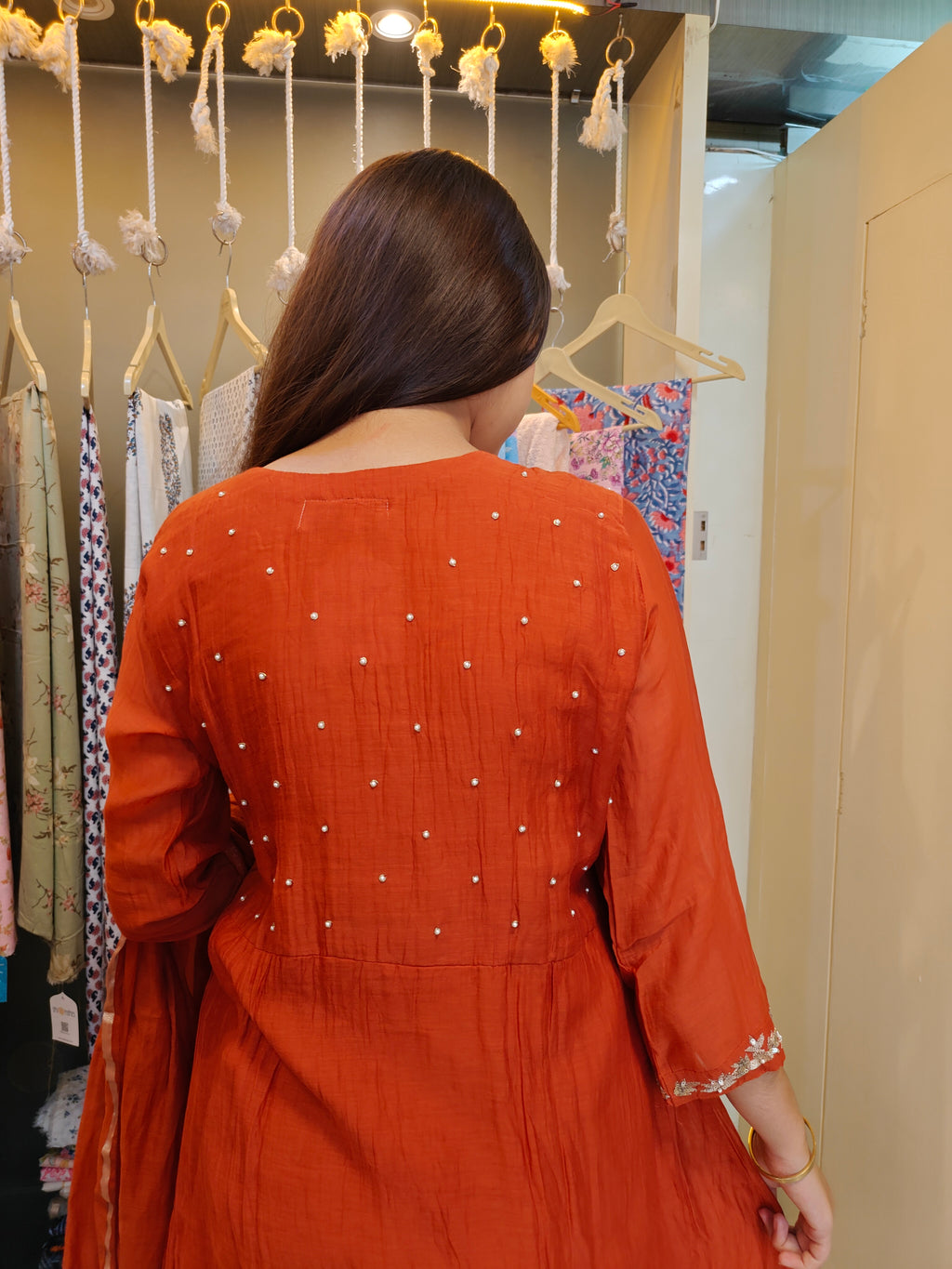 Rust Mul Chanderi Handcrafted Angrakha Suit Set