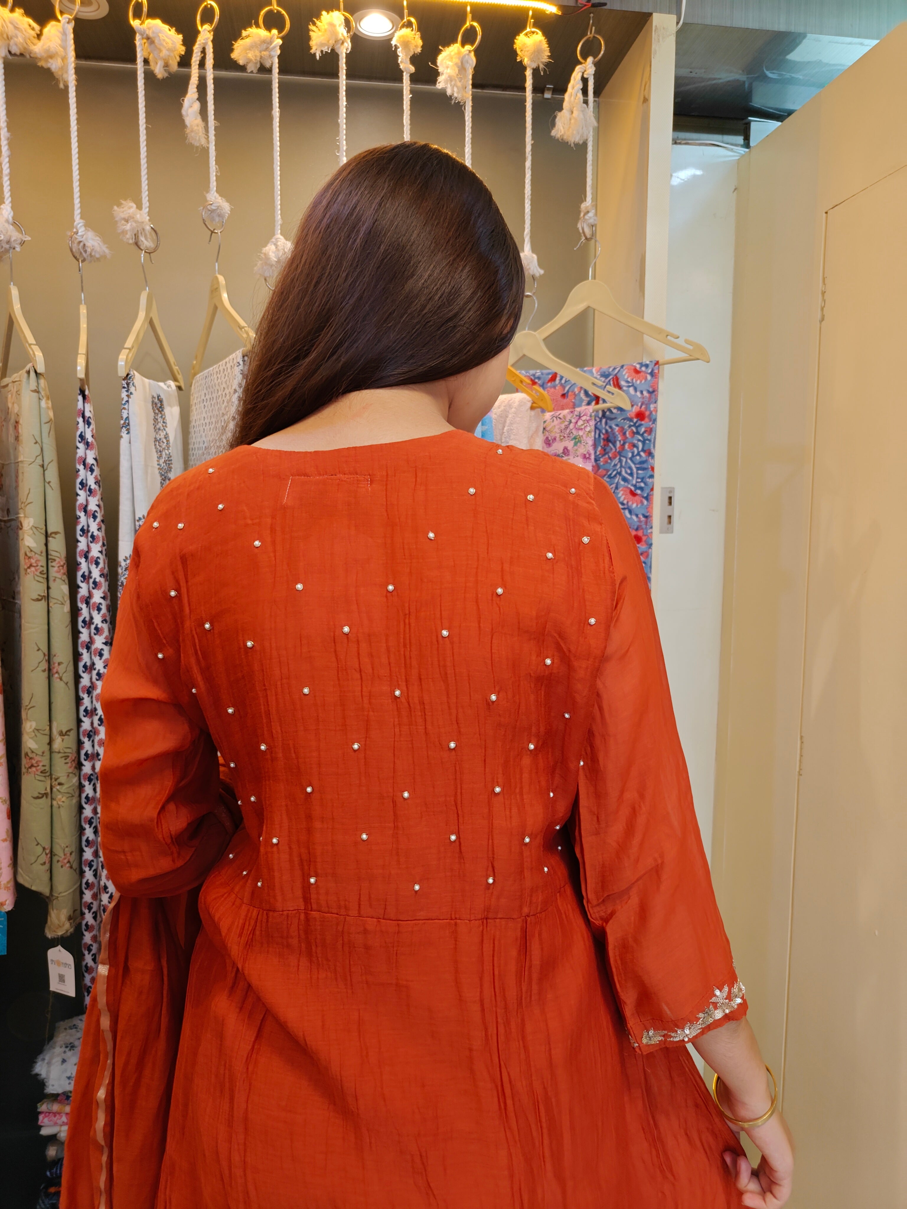 Rust Mul Chanderi Handcrafted Angrakha Suit Set
