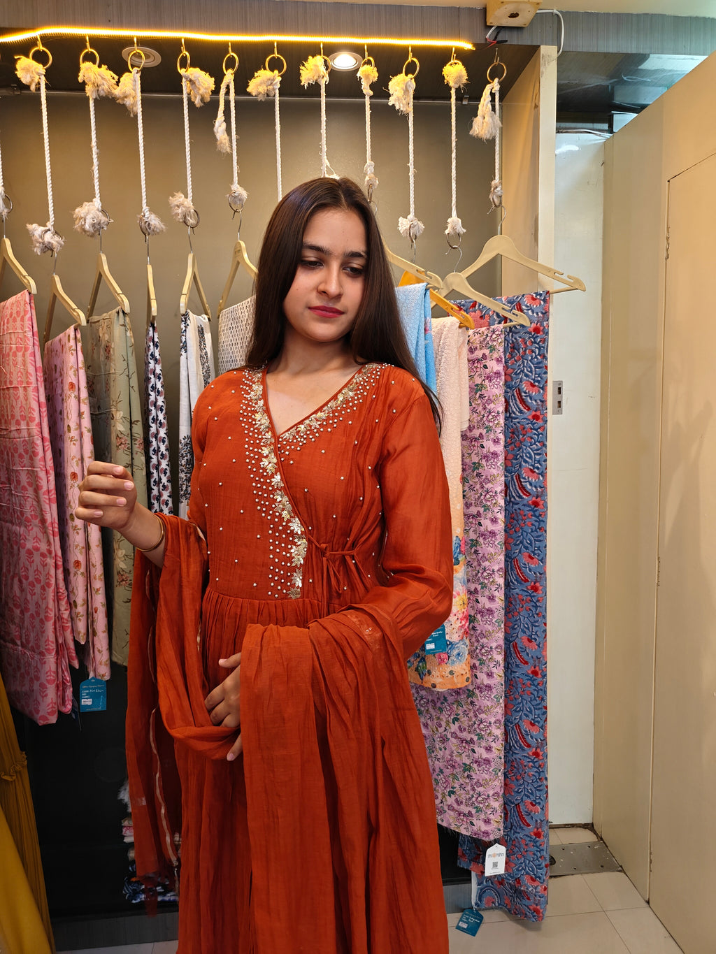 Rust Mul Chanderi Handcrafted Angrakha Suit Set